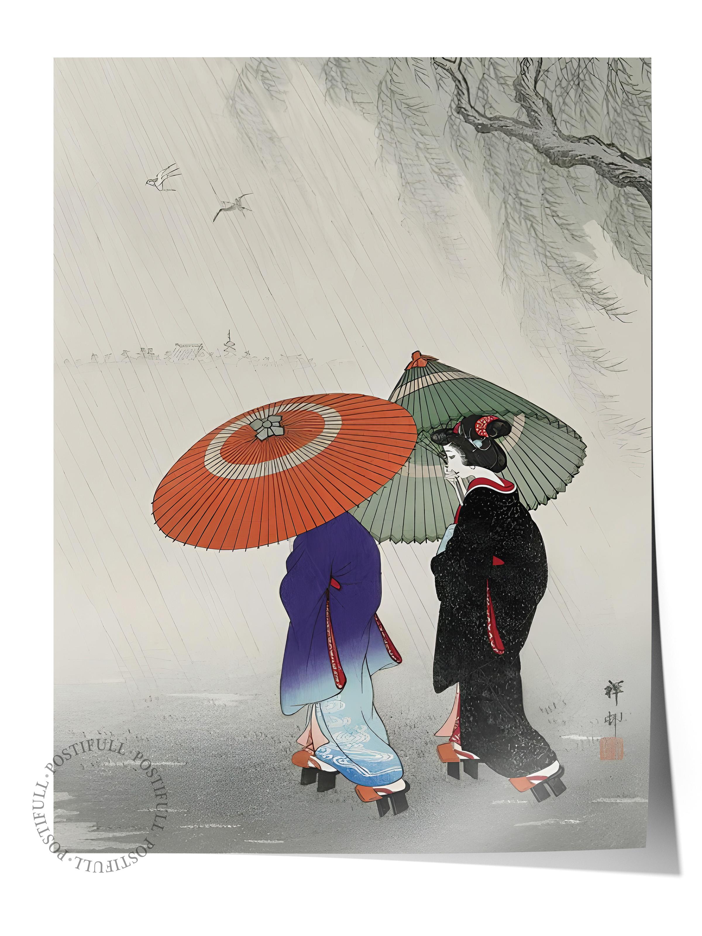 Çerçevesiz Poster, Comfort Serisi, Ohara Koson - Two Women In The Rain Poster, NO:108716