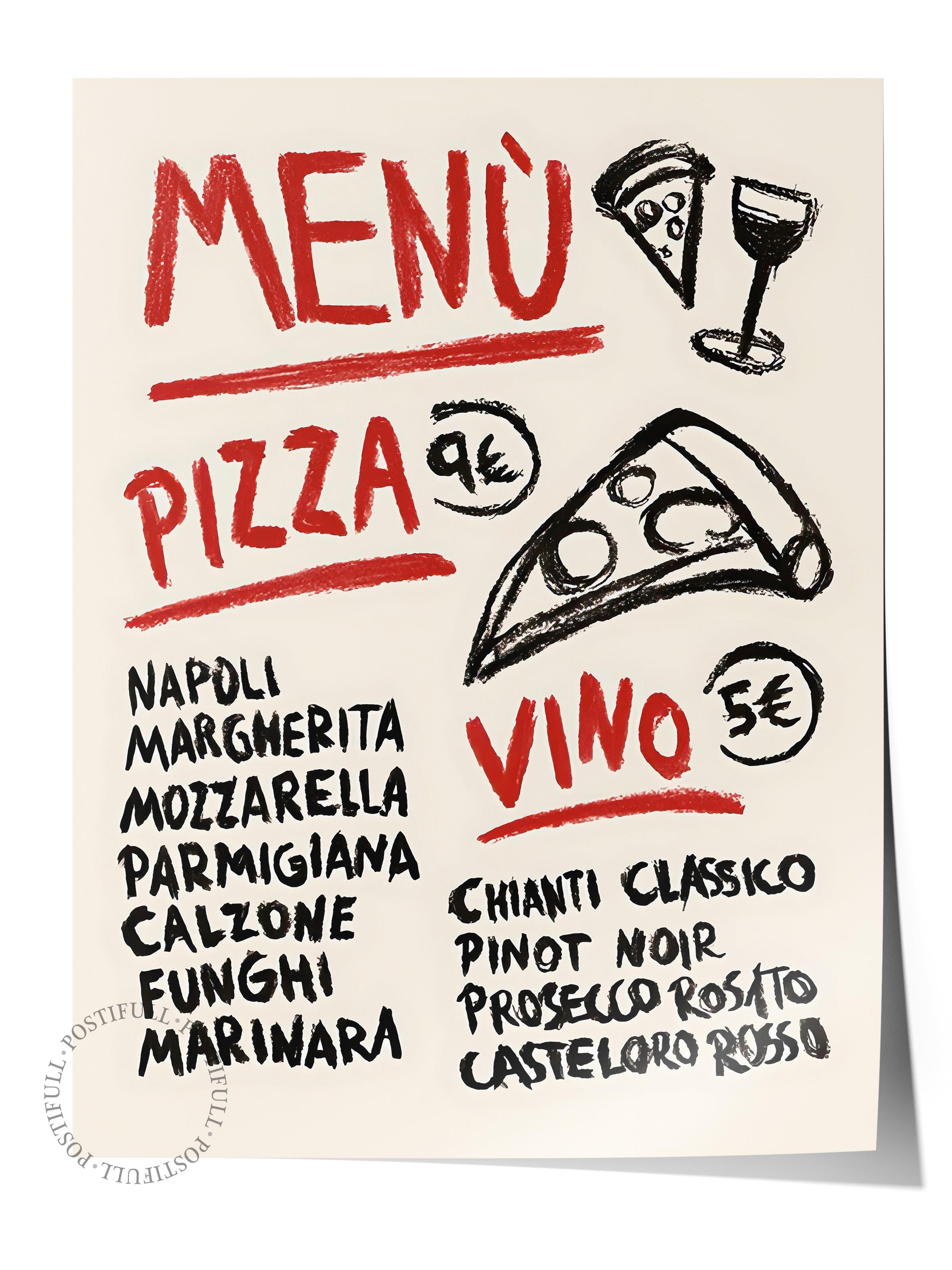 Çerçevesiz Poster, HD Kalite Duvar Posteri,Comfort Serisi, Pizza Vino Menu Poster, NO:108605