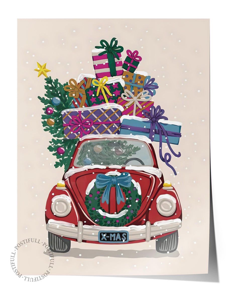 Noel Temalı Araba ve Hediyeler Yılbaşı Çerçevesiz Poster