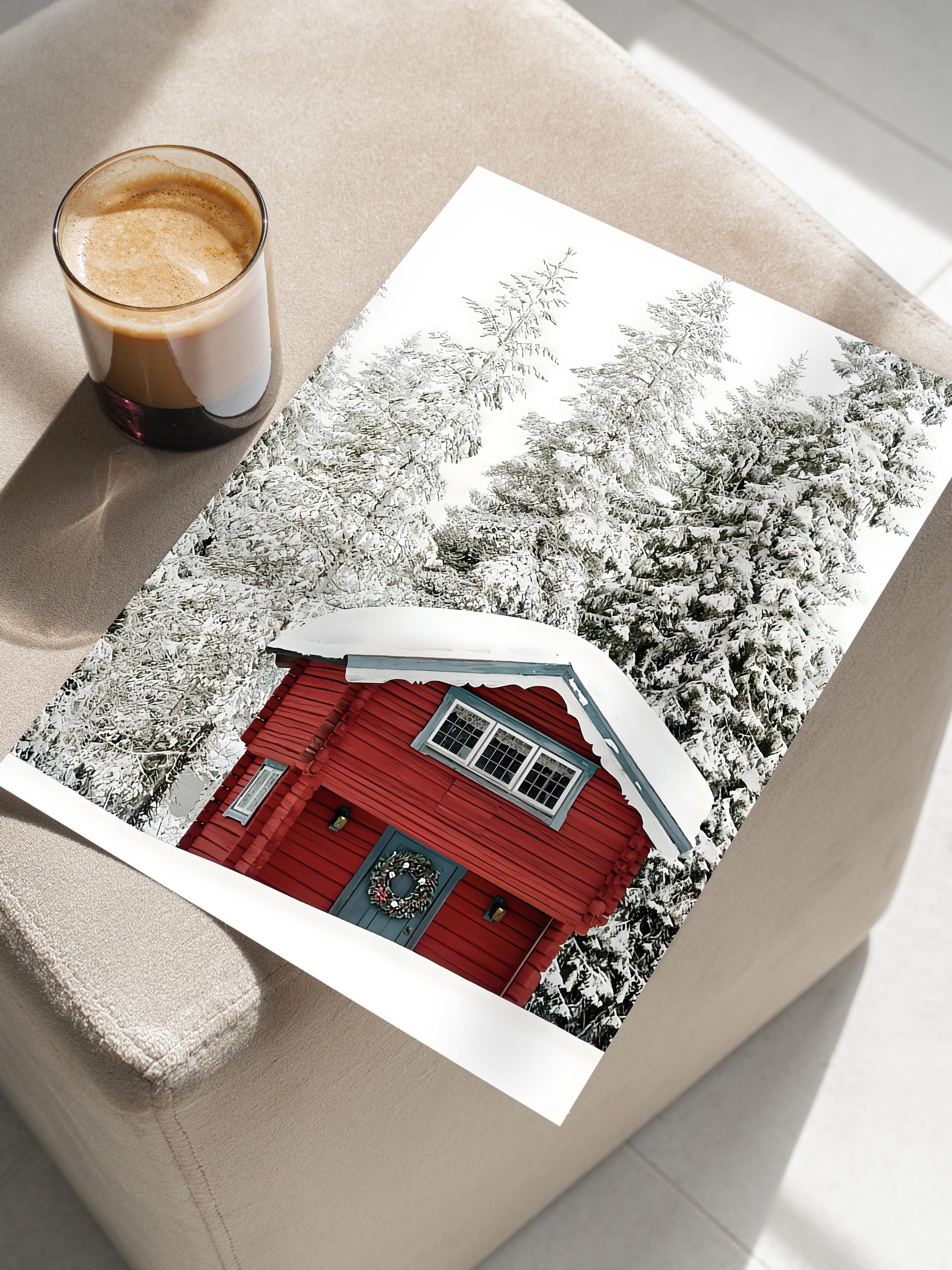 Çerçevesiz Yılbaşı Posteri, Yılbaşı Dekoru, Comfort Serisi, Red Holiday Cabin Poster, NO:108646