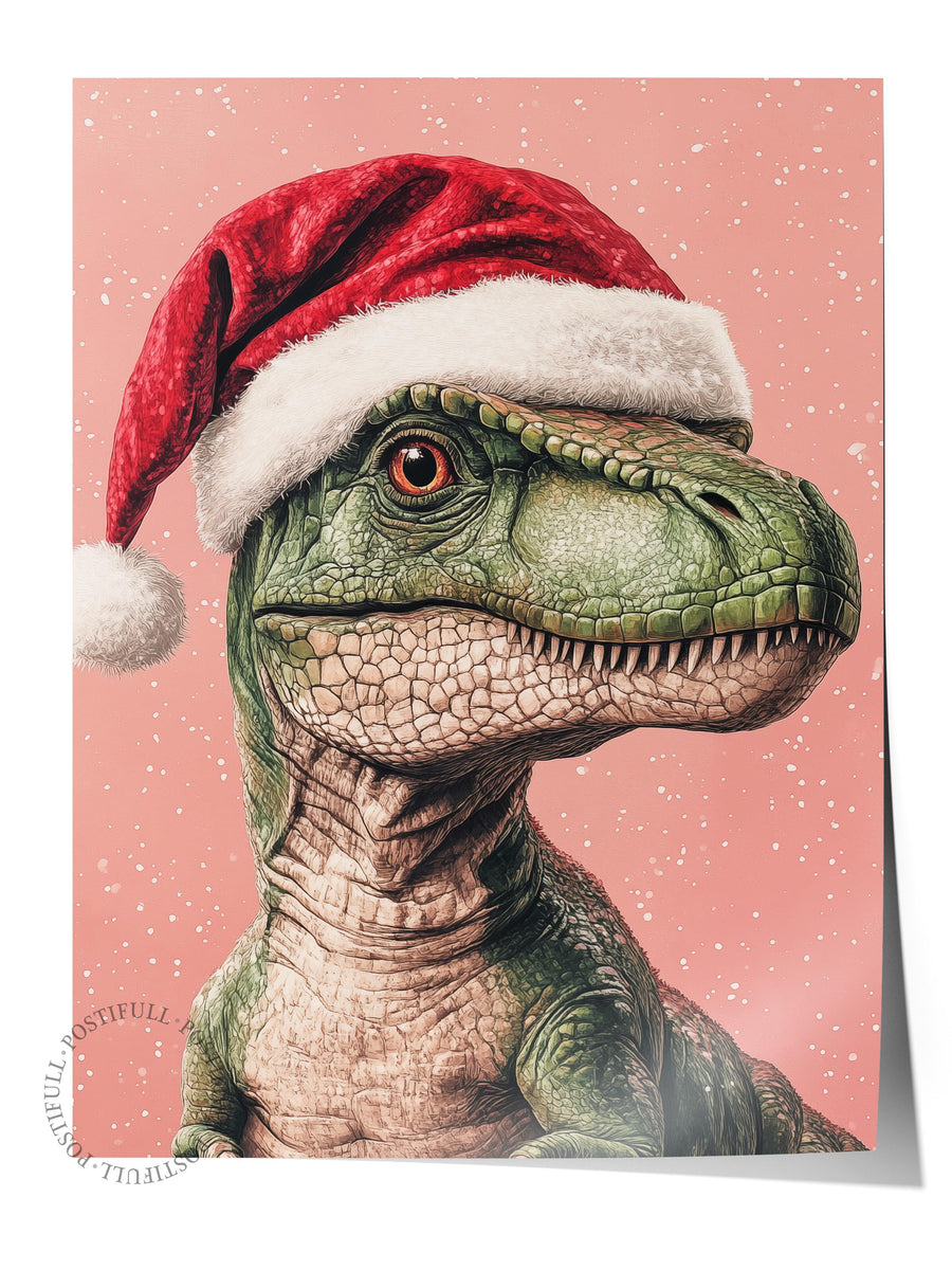 Yılbaşı Şapkası Takan Dinozor Çerçevesiz Poster