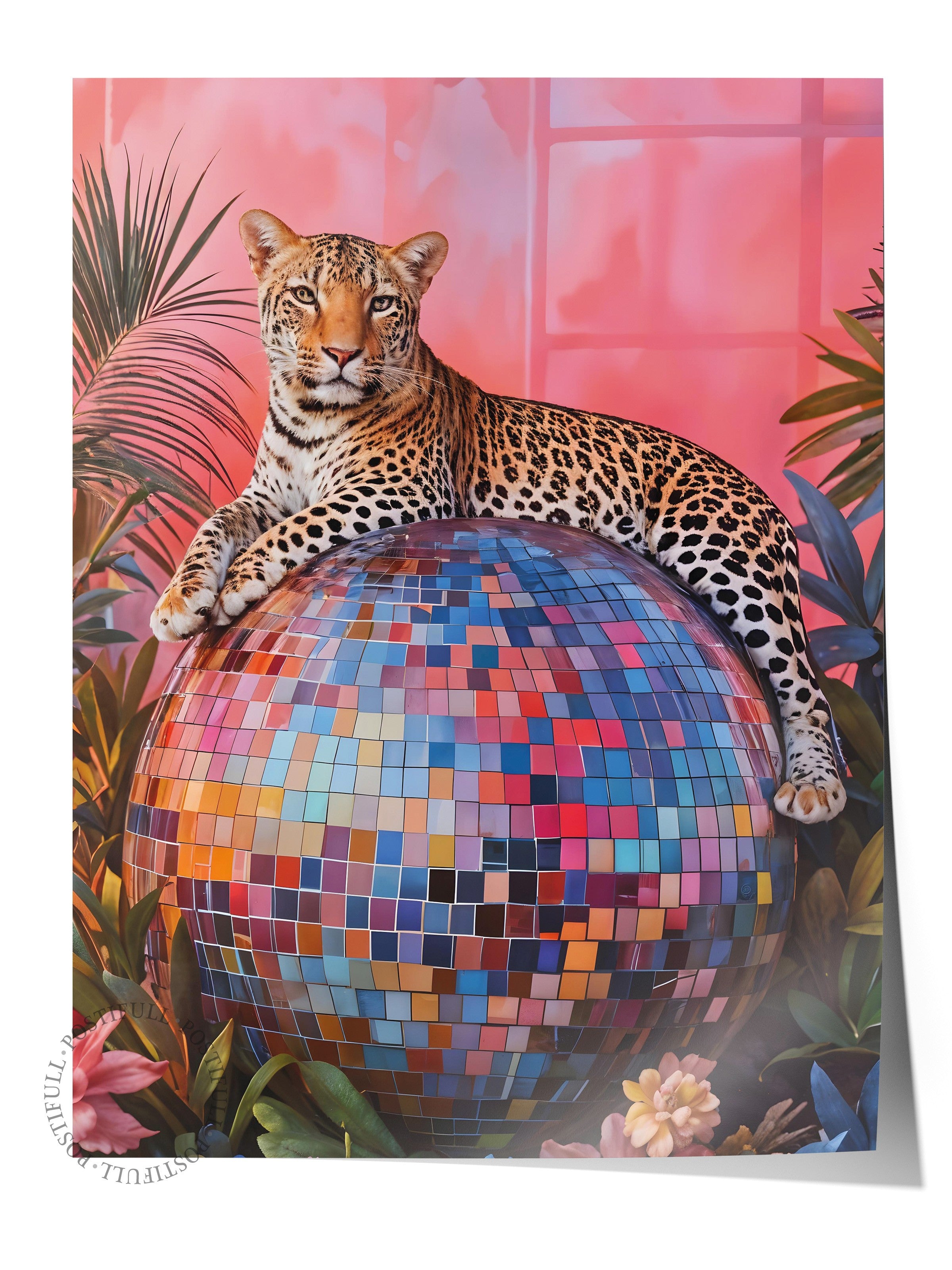 Çerçevesiz Poster, Leopard on Disco Ball, Comfort Serisi Duvar Posteri, NO:108943