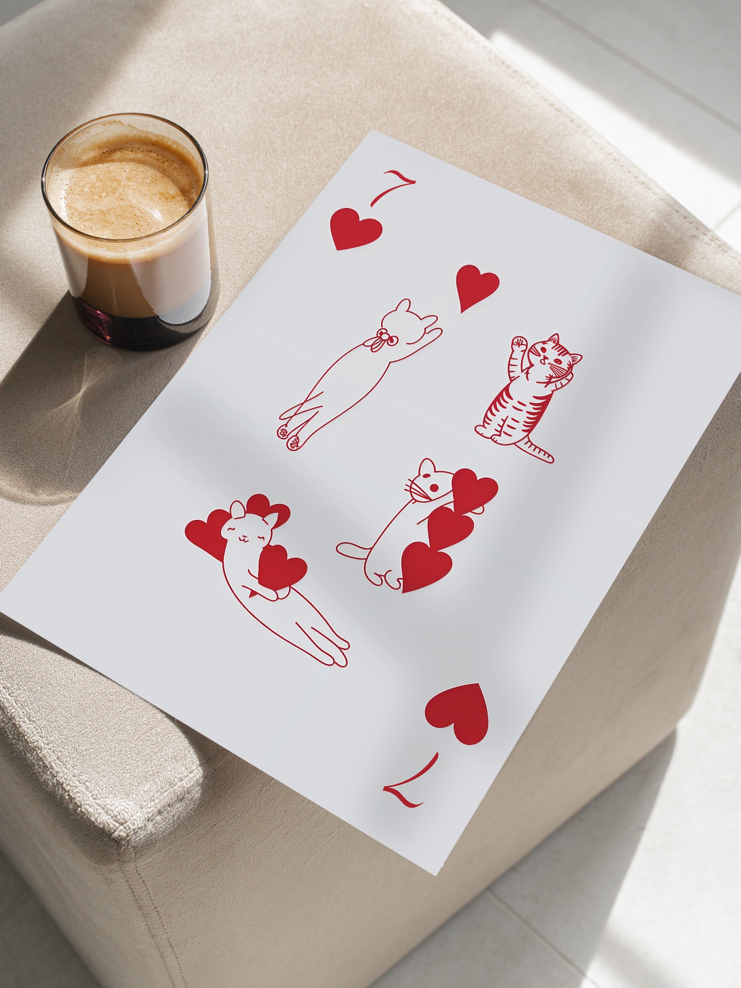 Çerçevesiz Poster, Red | 7 of Hearts with Cats, Comfort Serisi Duvar Posteri, NO:108938