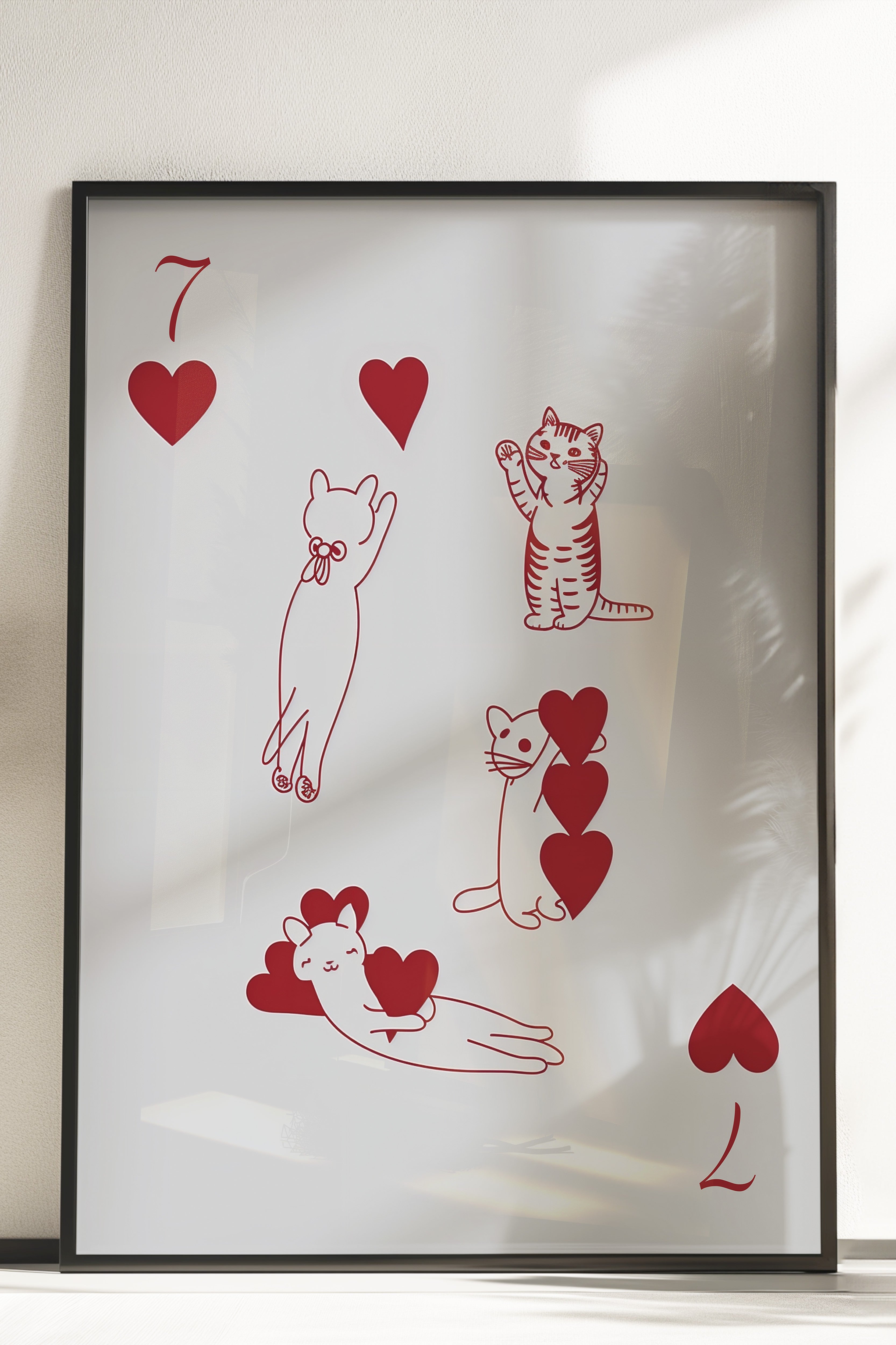 Çerçevesiz Poster, Red | 7 of Hearts with Cats, Comfort Serisi Duvar Posteri, NO:108938