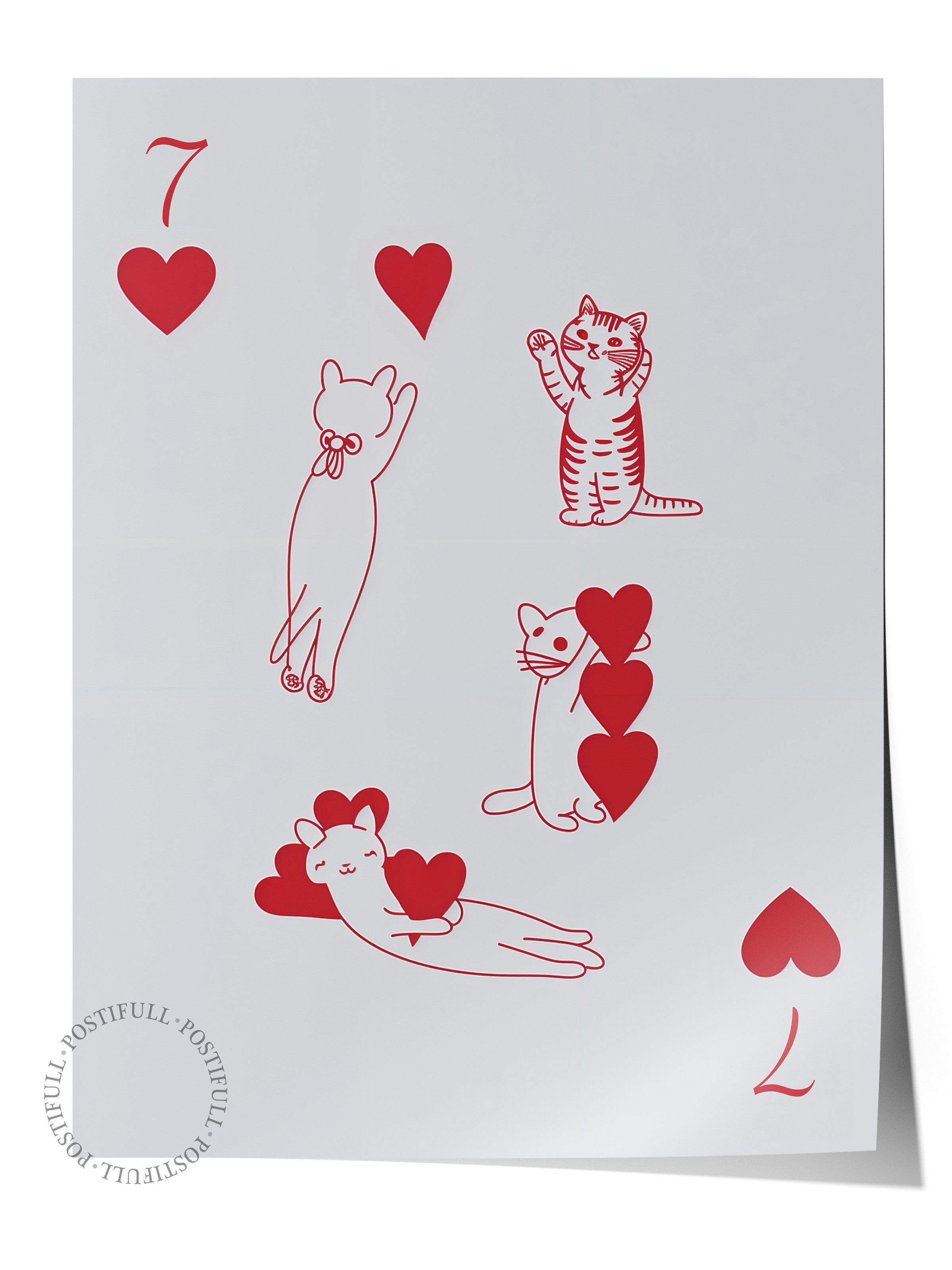 Çerçevesiz Poster, Red | 7 of Hearts with Cats, Comfort Serisi Duvar Posteri, NO:108938