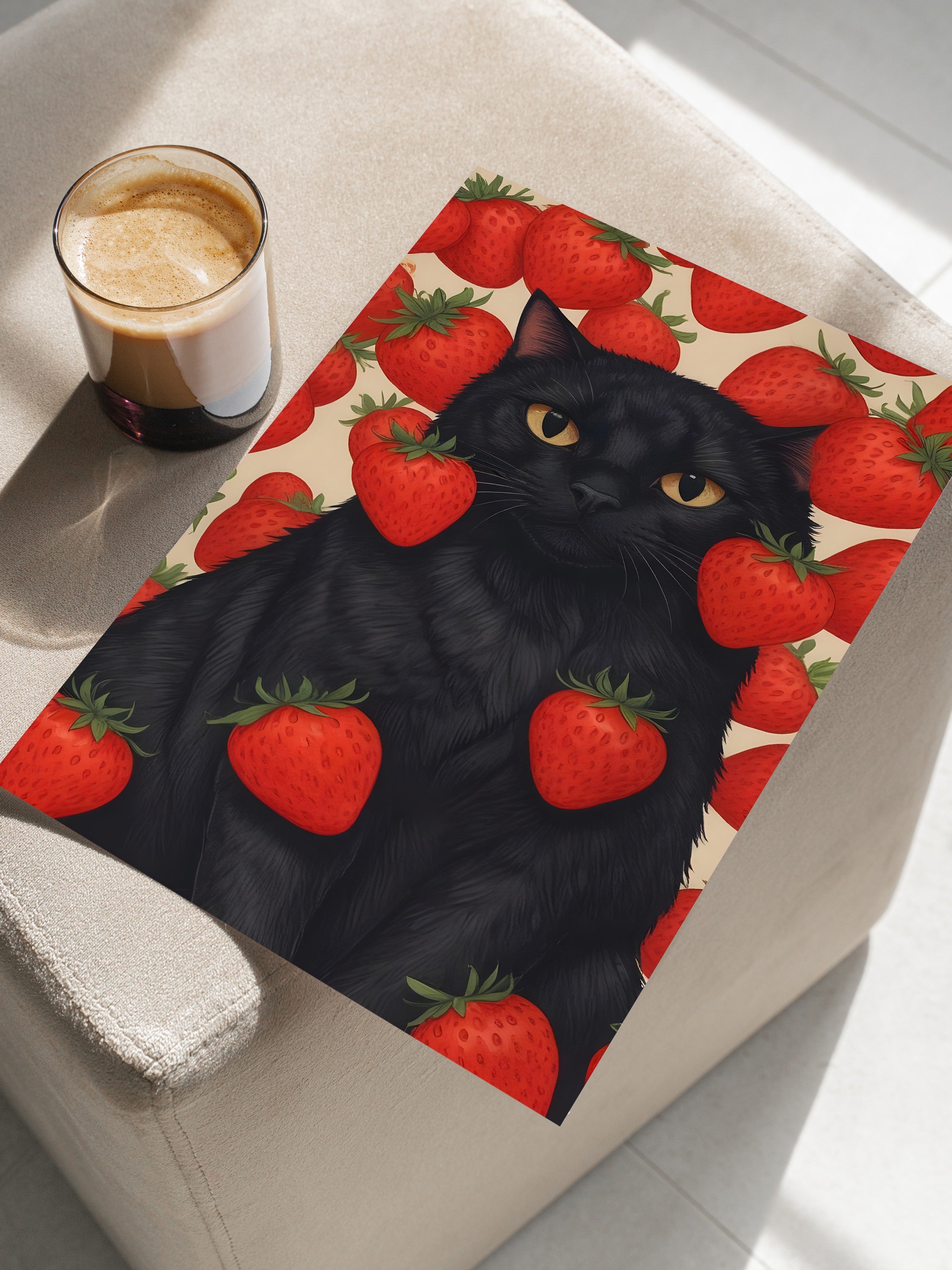 Çerçevesiz Poster, Strawberry Cat, Comfort Serisi Mutfak Duvar Posteri, NO:109108