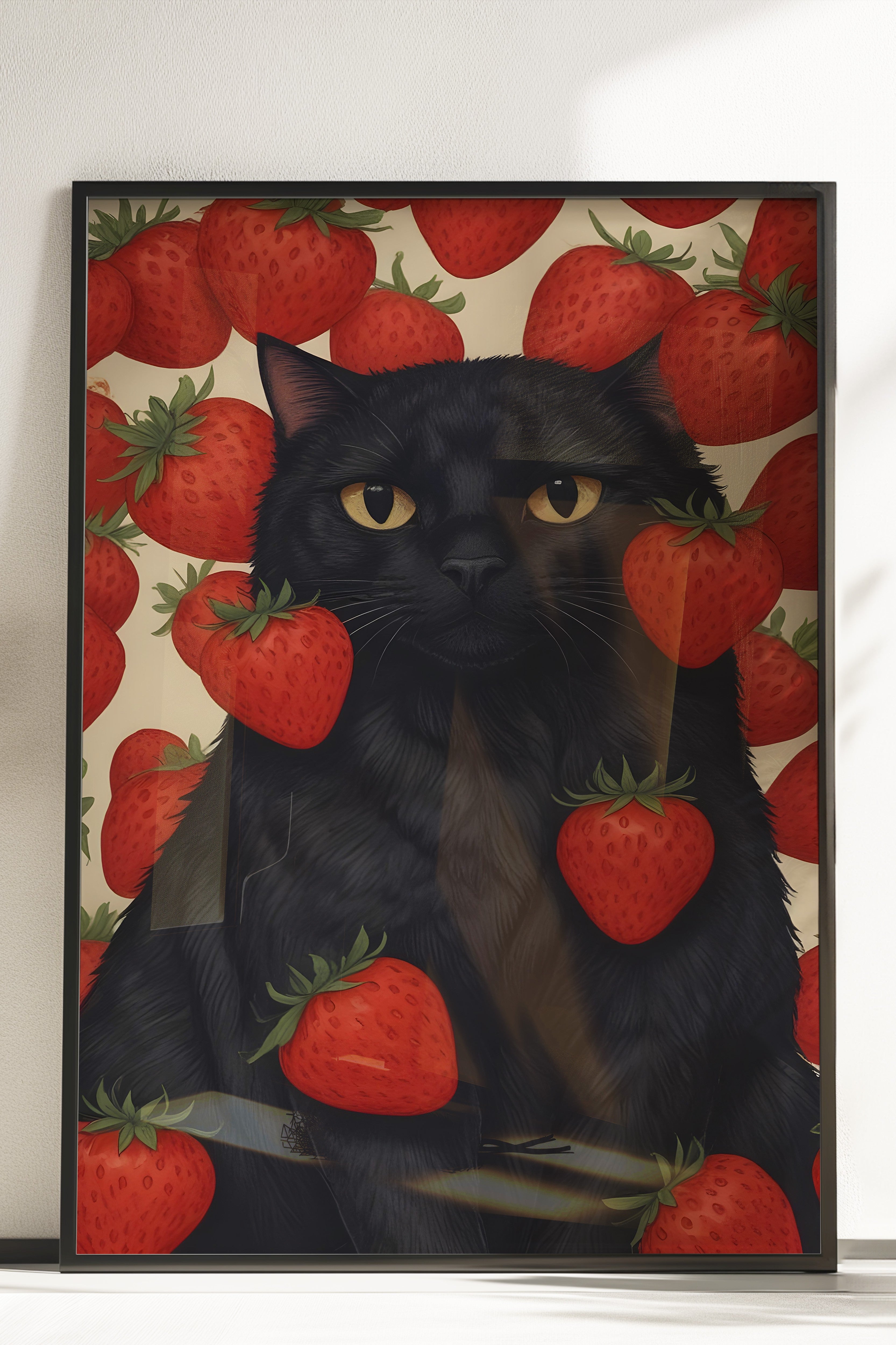 Çerçevesiz Poster, Strawberry Cat, Comfort Serisi Mutfak Duvar Posteri, NO:109108