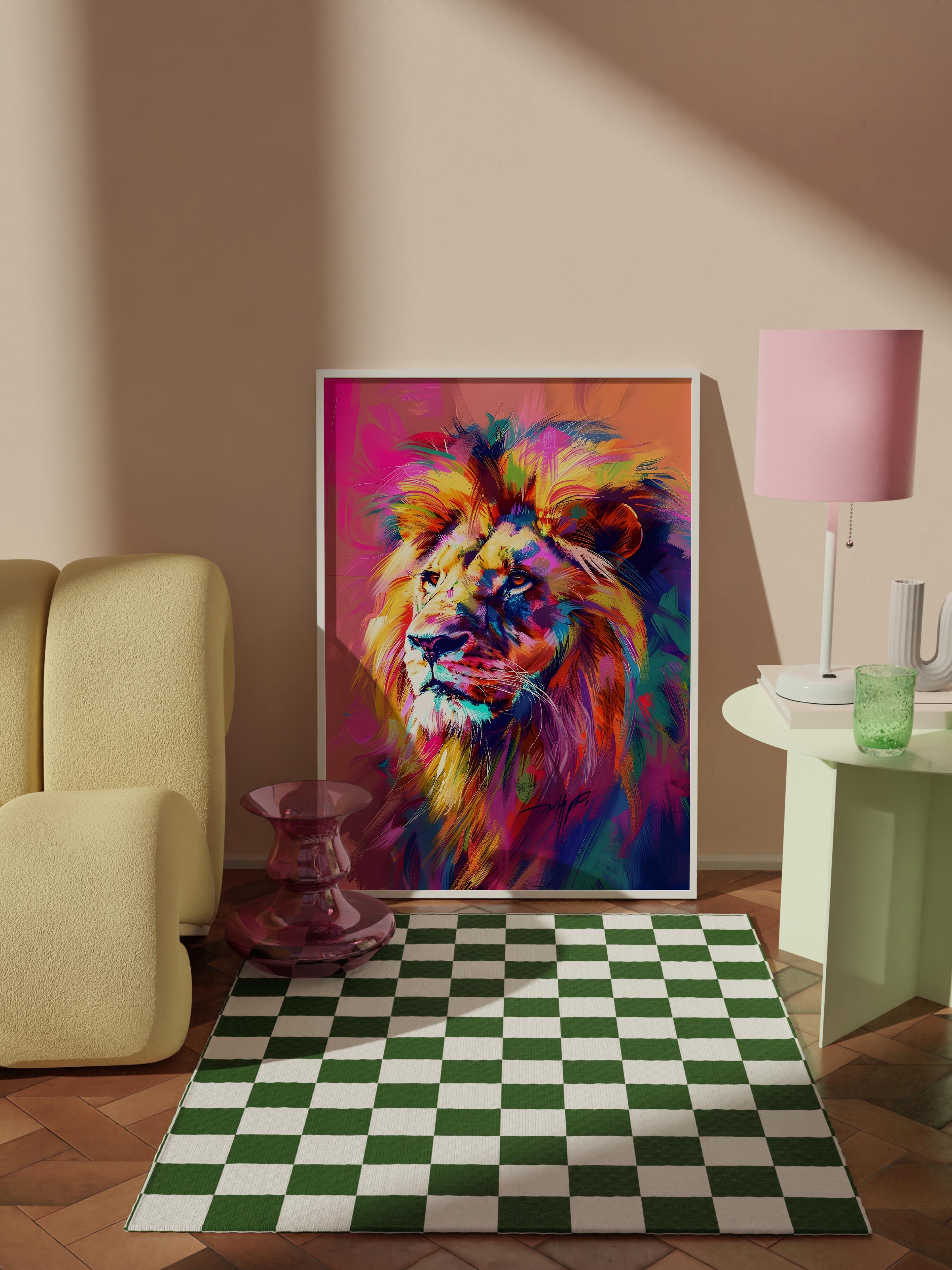 Çerçevesiz Poster Tablo, Duvar Posteri, Kağıt Poster, Renkli Aslan , Maximalist No:85