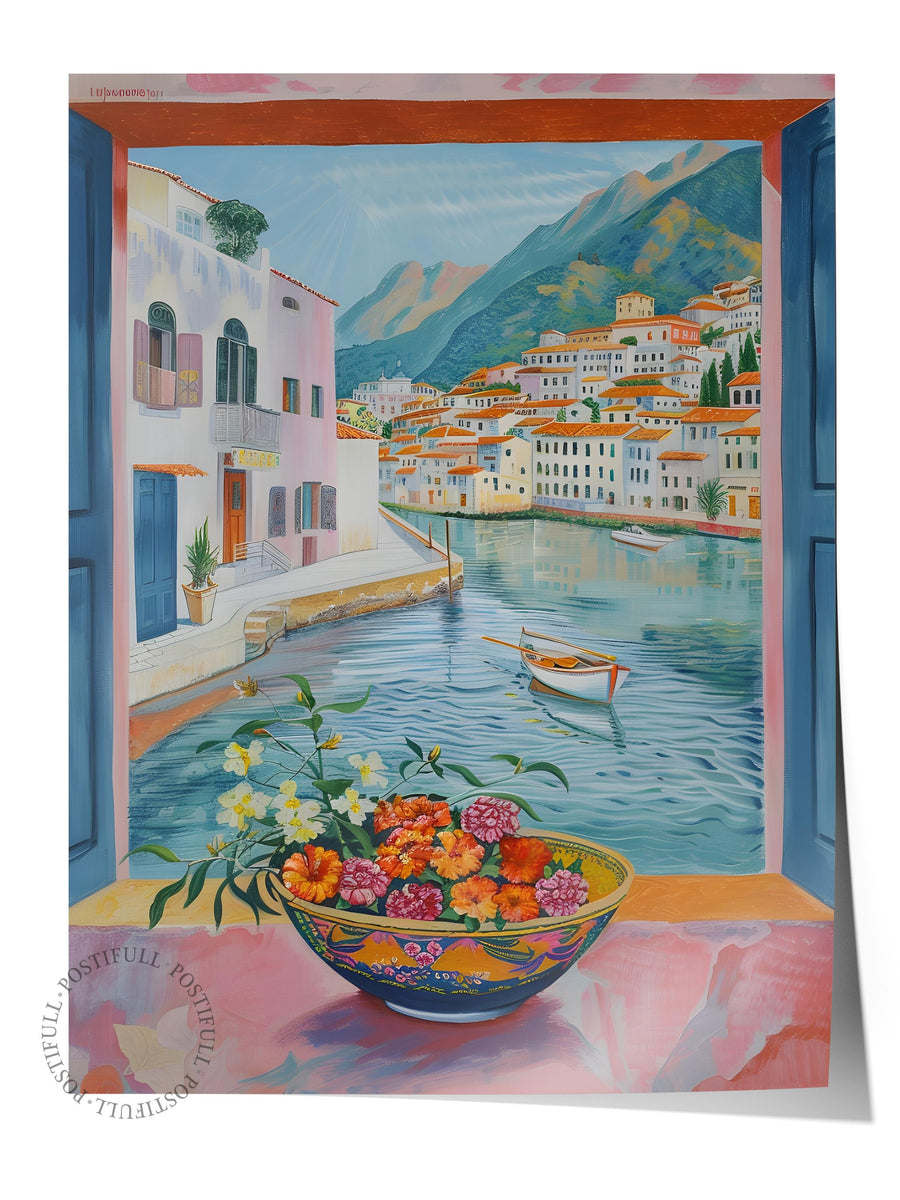 Farklı Tonlarda Akdeniz Manzaralı Pencere Maximalist Çerçevesiz Poster