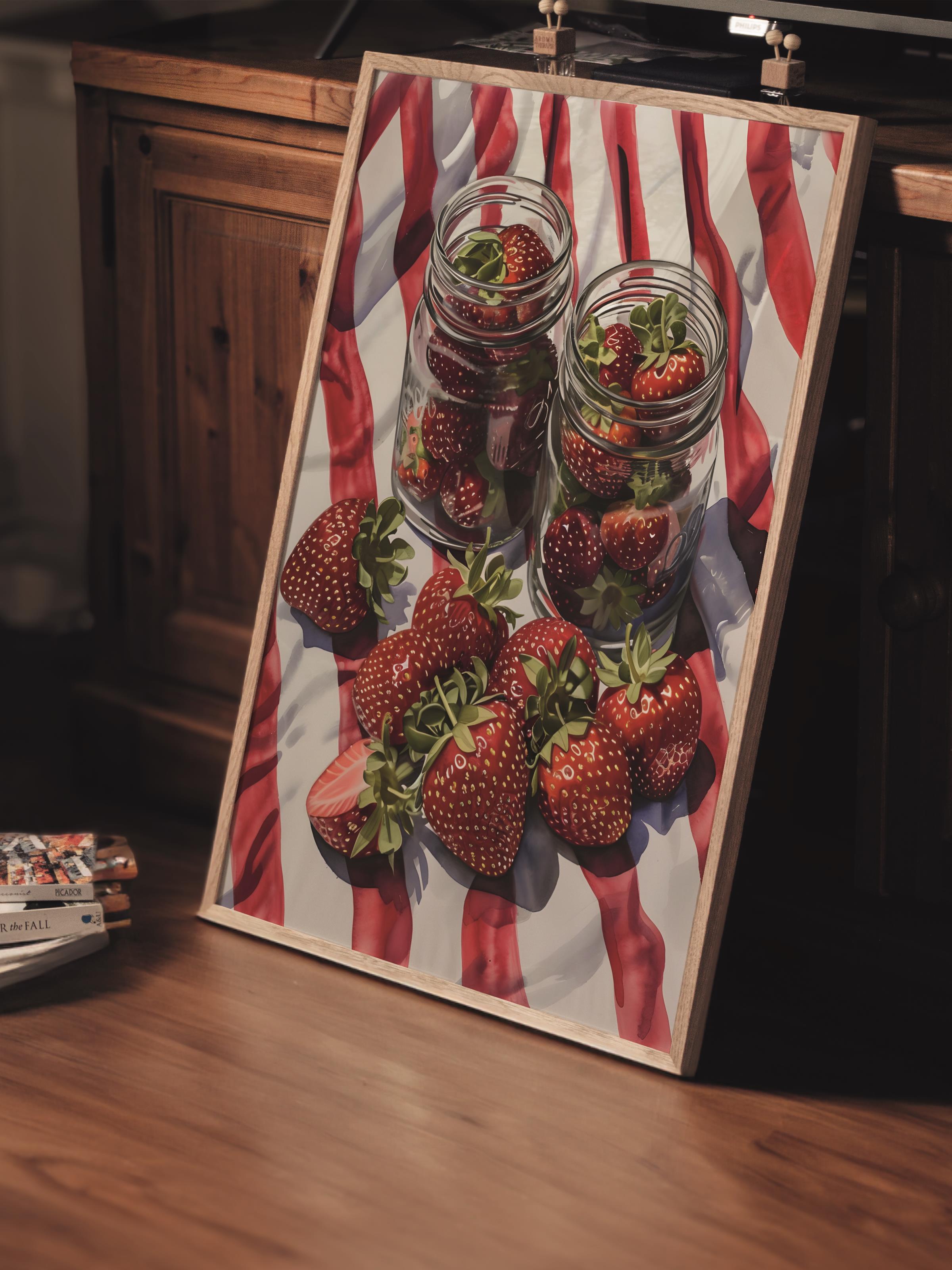 Çerçevesiz Poster Tablo, Duvar Posteri, Kağıt Poster, Kırmızı Çilek Kavanozları , Maximalist No:1
