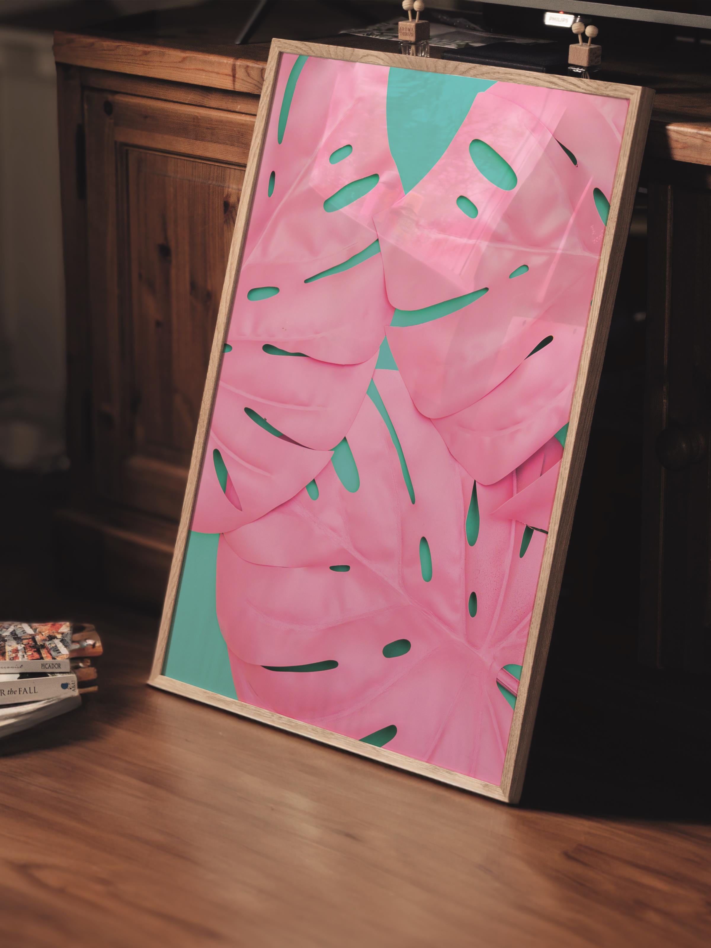 Çerçevesiz Poster Tablo, Duvar Posteri, Kağıt Poster, Pembe Monstera Yaprağı , Maximalist No:8