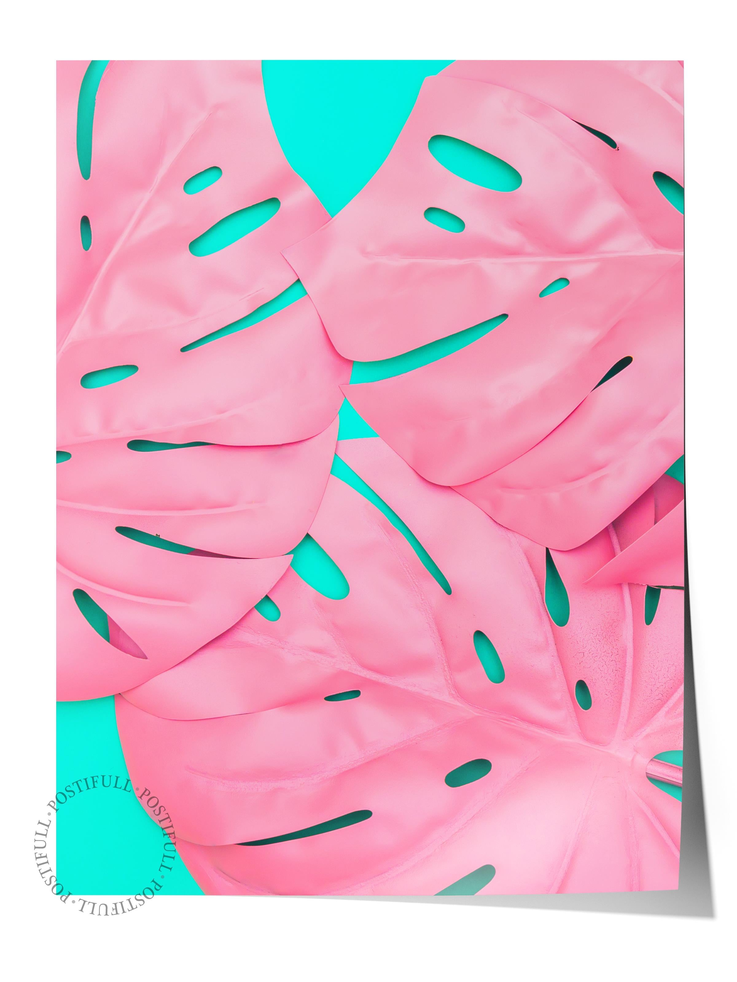 Çerçevesiz Poster Tablo, Duvar Posteri, Kağıt Poster, Pembe Monstera Yaprağı , Maximalist No:8