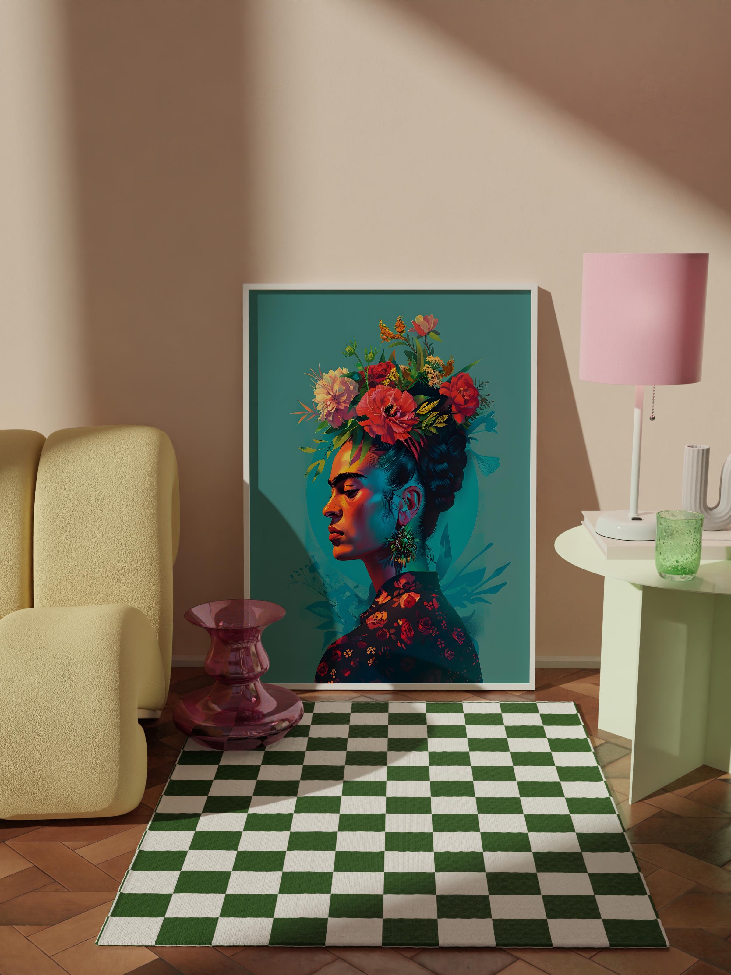 Çerçevesiz Poster Tablo, Duvar Posteri, Kağıt Poster, Çiçek Taçlı Frida Kahlo, Maximalist No:67