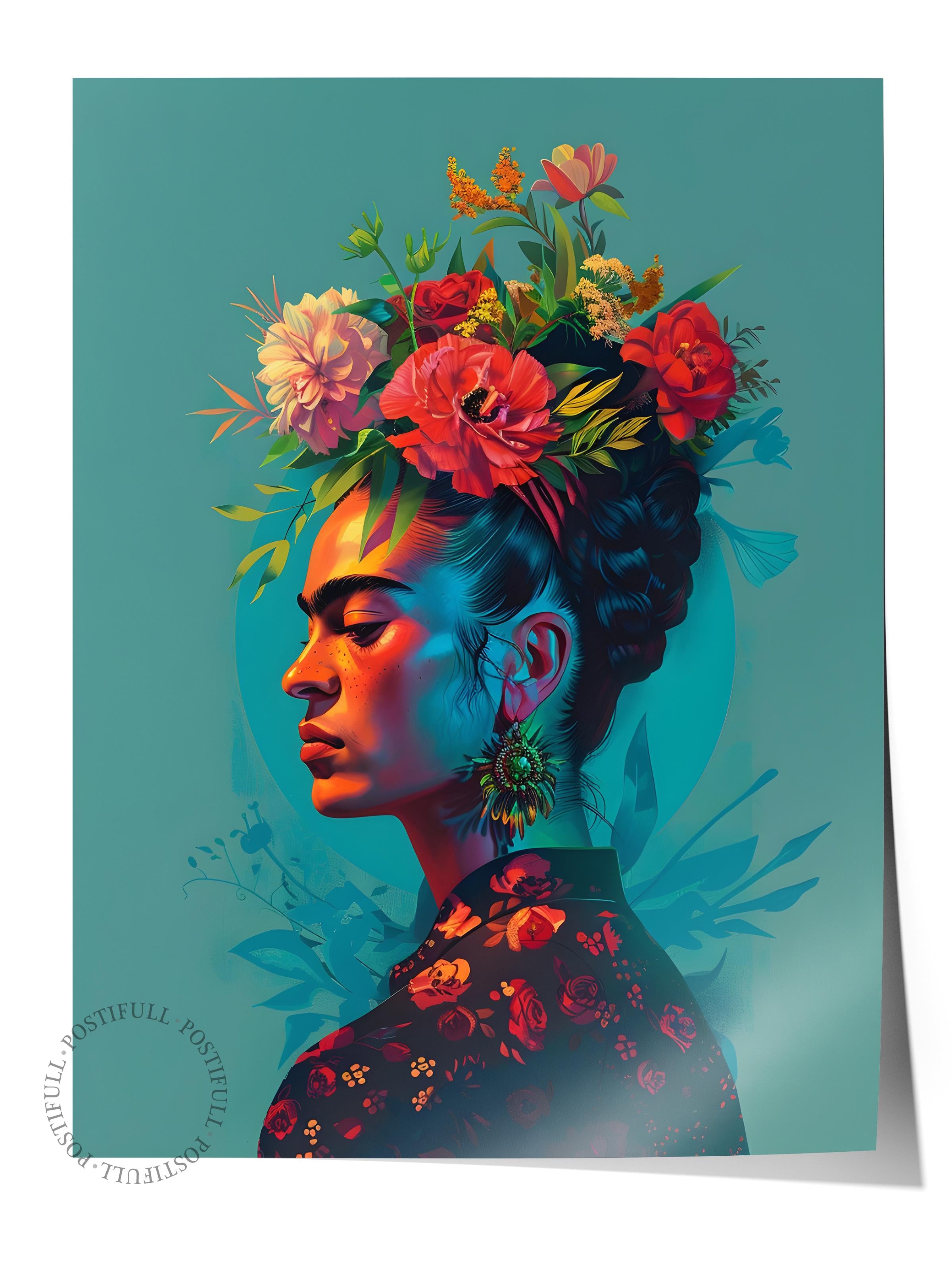 Çerçevesiz Poster Tablo, Duvar Posteri, Kağıt Poster, Çiçek Taçlı Frida Kahlo, Maximalist No:67