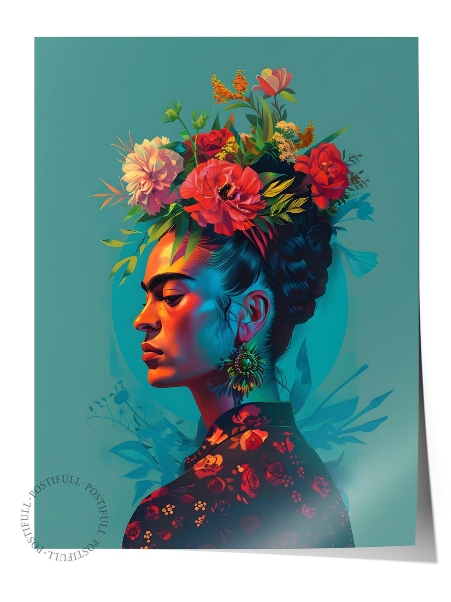 Renkli Çiçekli Kadın Portresi Maximalist Çerçevesiz Poster
