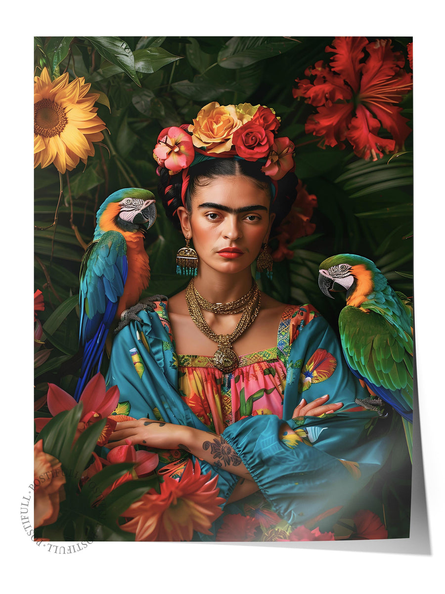 Renkli Tropikal Kadın Portresi Maximalist Çerçevesiz Poster