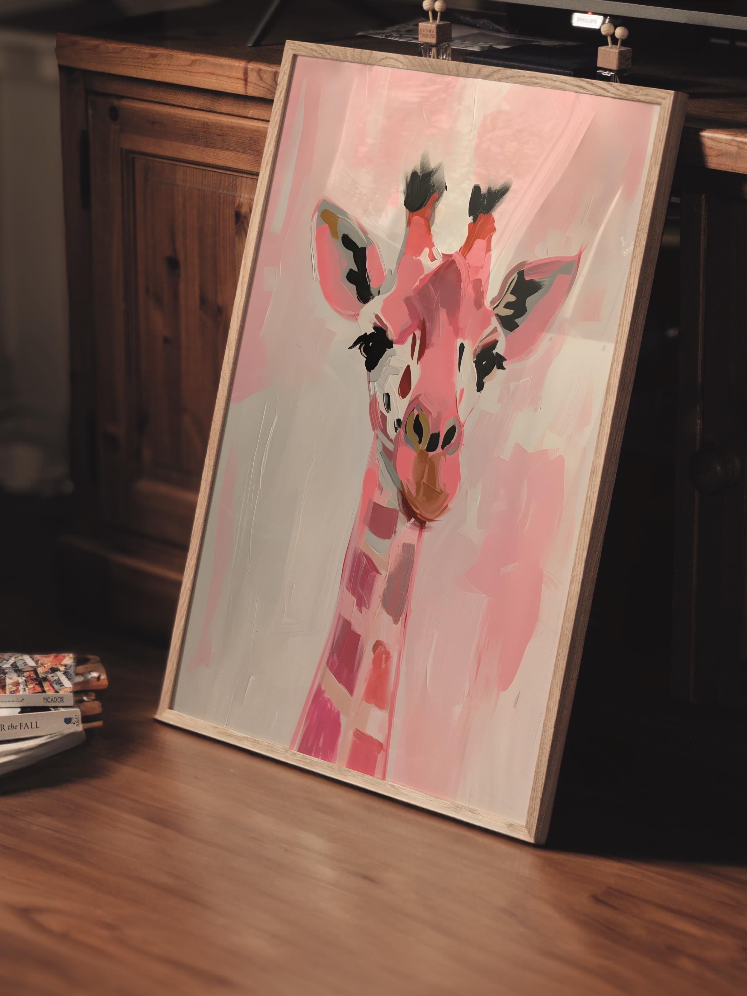 Çerçevesiz Poster Tablo, Duvar Posteri, Kağıt Poster, Pembe Zürafa Neşesi , Maximalist No:298