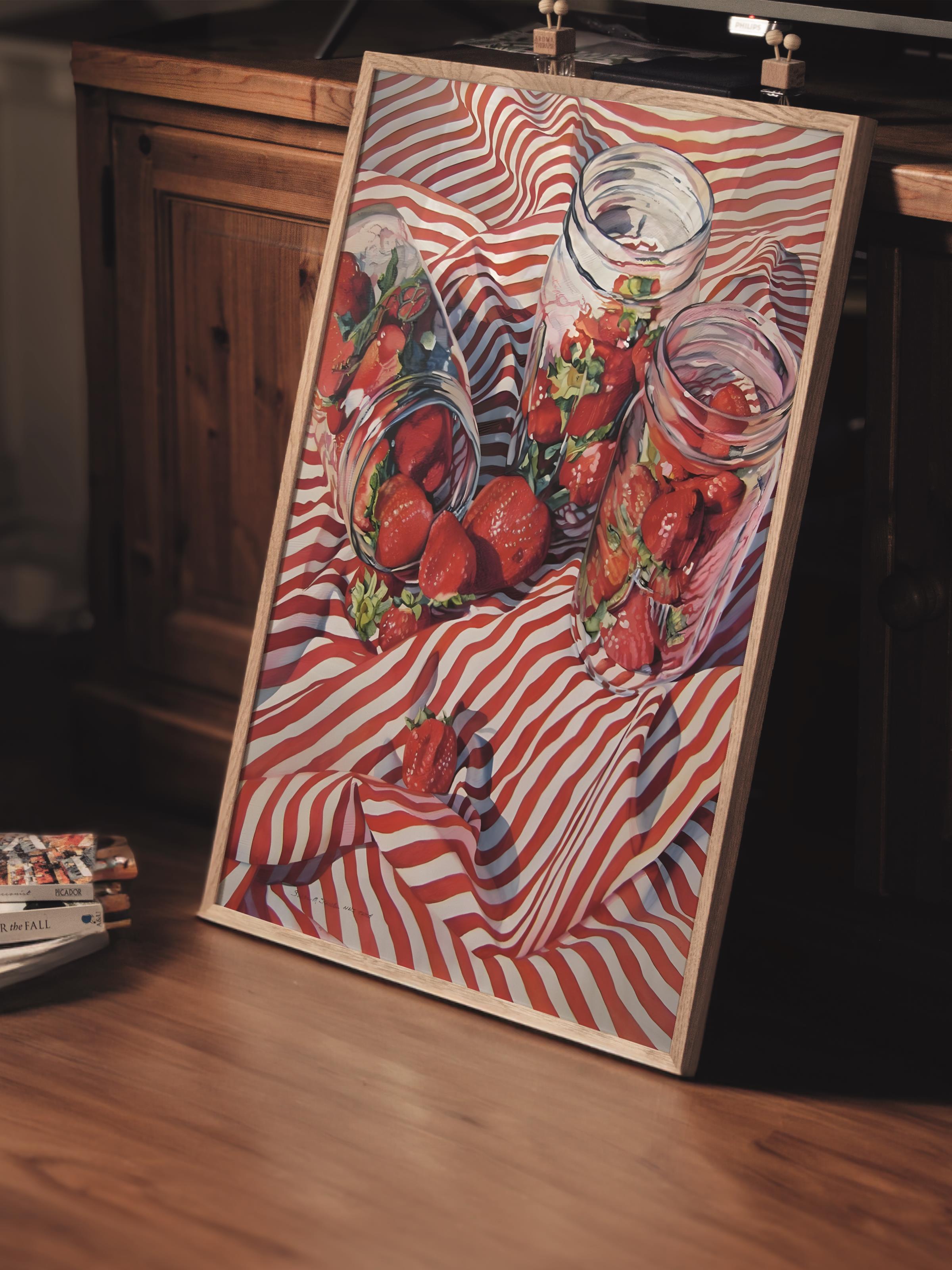 Çerçevesiz Poster Tablo, Duvar Posteri, Kağıt Poster, Kırmızı Çizgili Çilekler , Maximalist No:20
