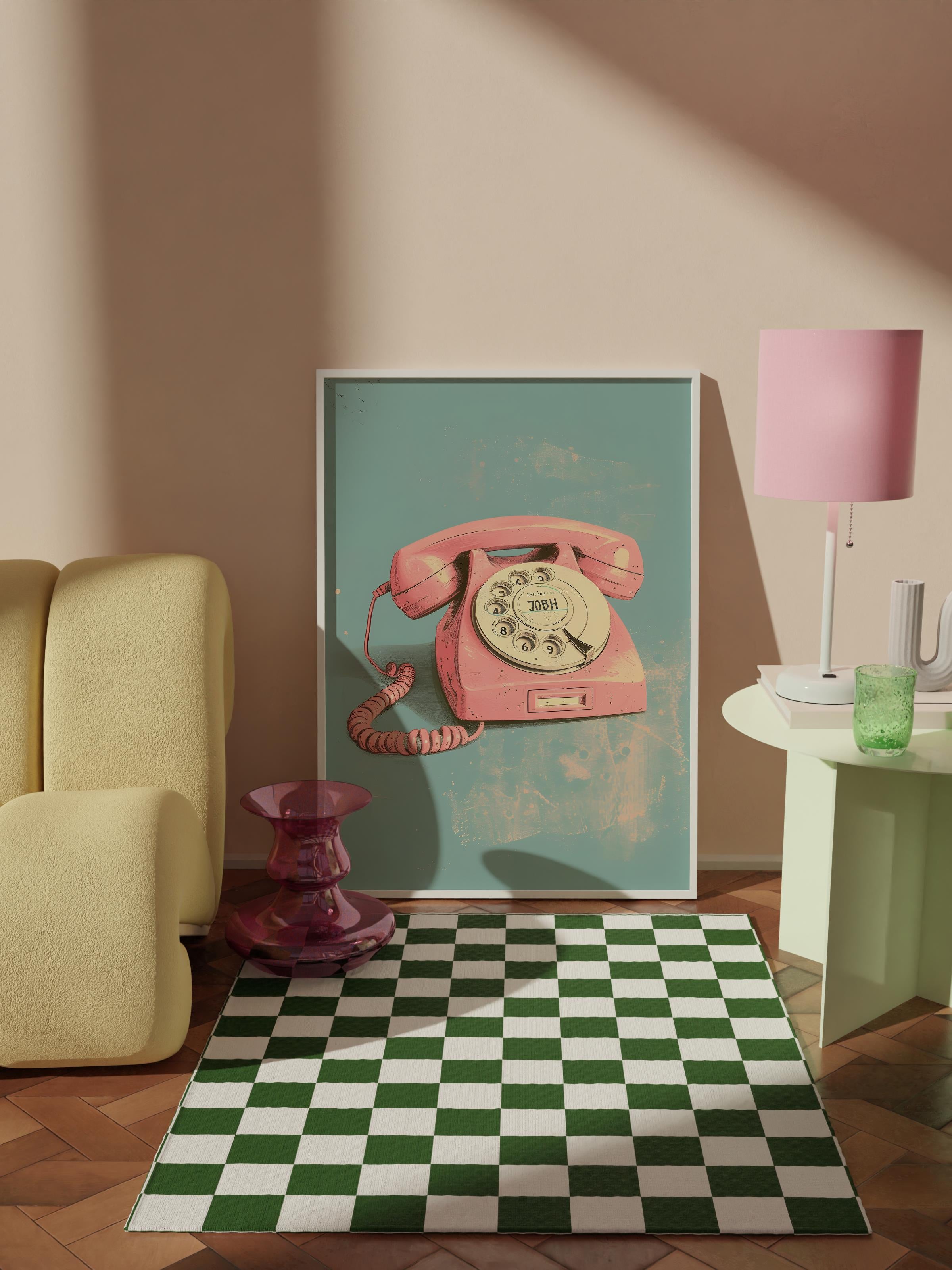 Çerçevesiz Poster Tablo, Duvar Posteri, Kağıt Poster, Pembe ve Mavi Retro Telefon , Maximalist No:14