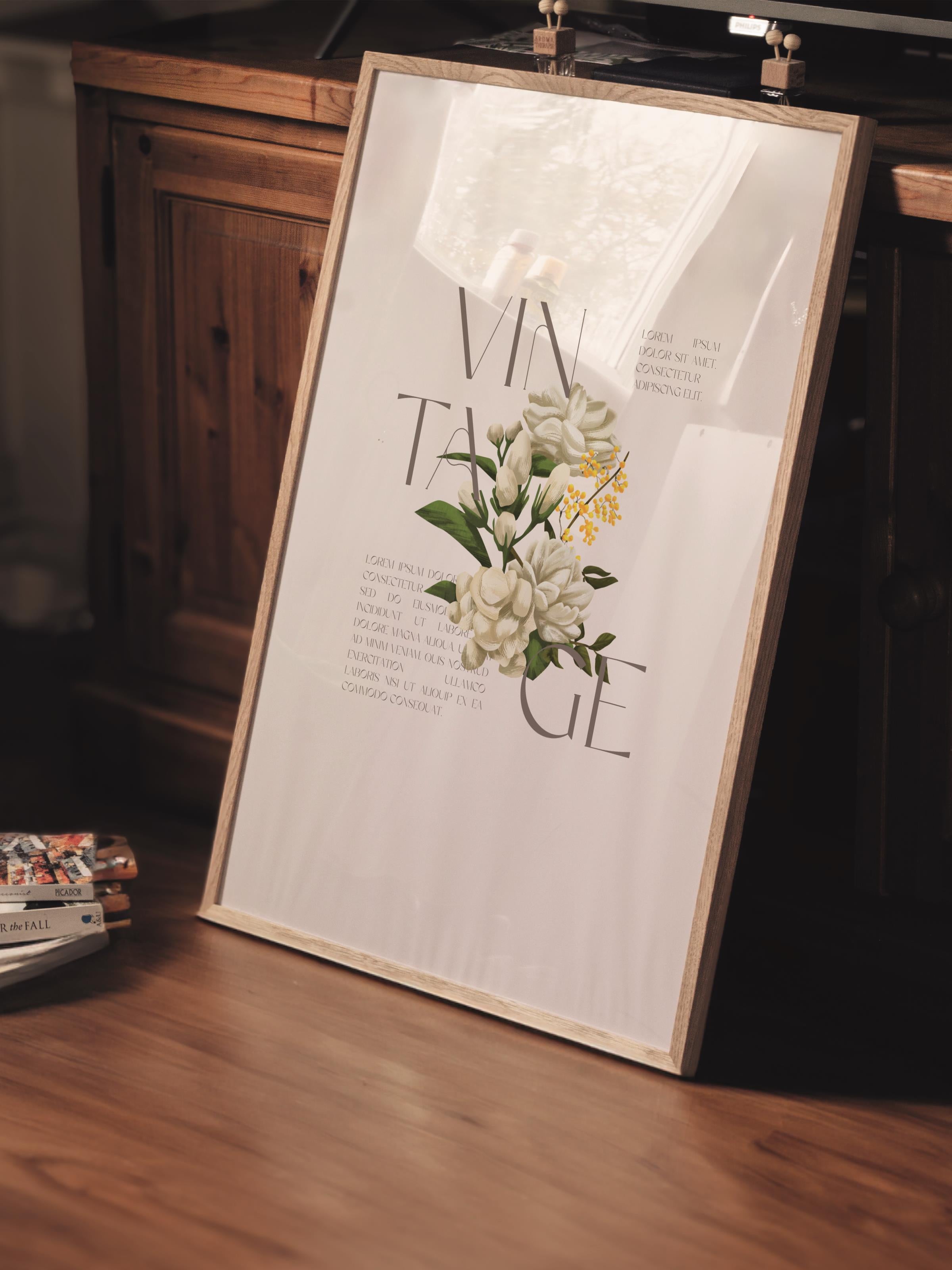 Çerçevesiz Poster Tablo, Duvar Posteri, Kağıt Poster, Beyaz Vintage Çiçekler , Maximalist No:33