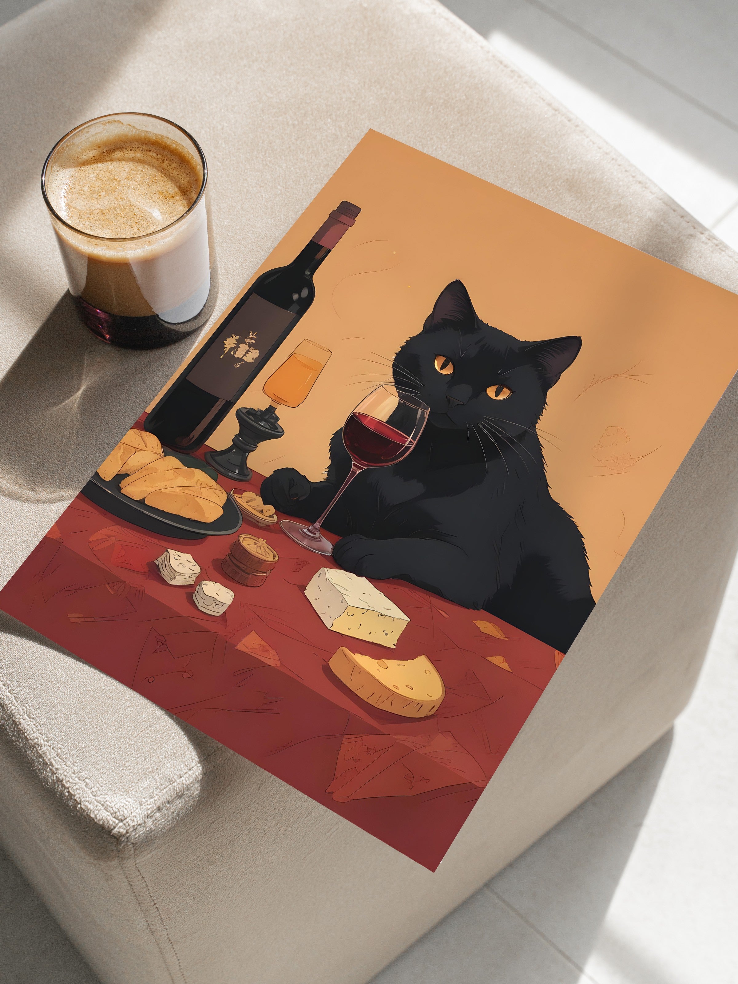 Çerçevesiz Poster, Wine & Cat, Comfort Serisi Mutfak Duvar Posteri, NO:109060