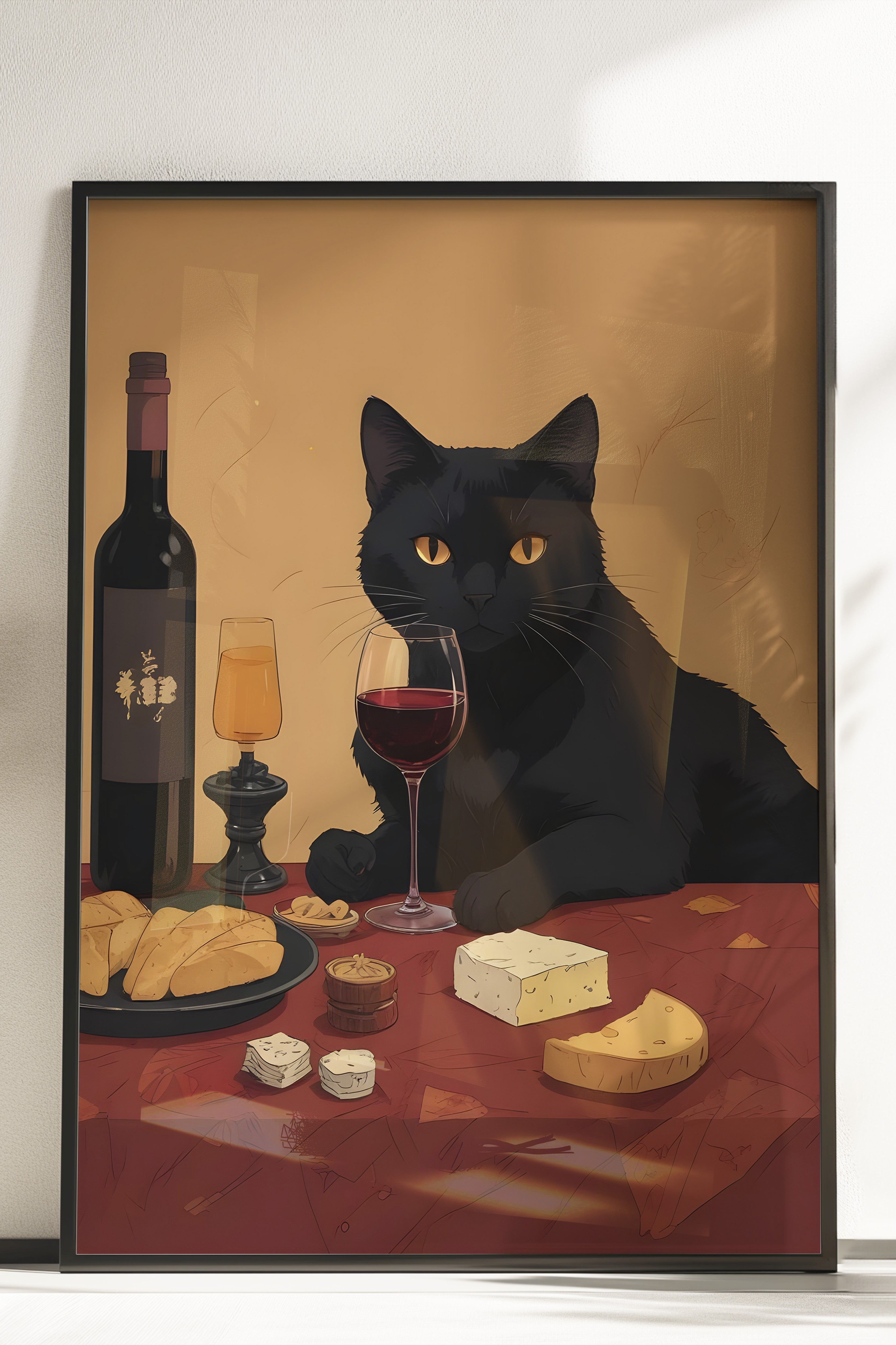 Çerçevesiz Poster, Wine & Cat, Comfort Serisi Mutfak Duvar Posteri, NO:109060