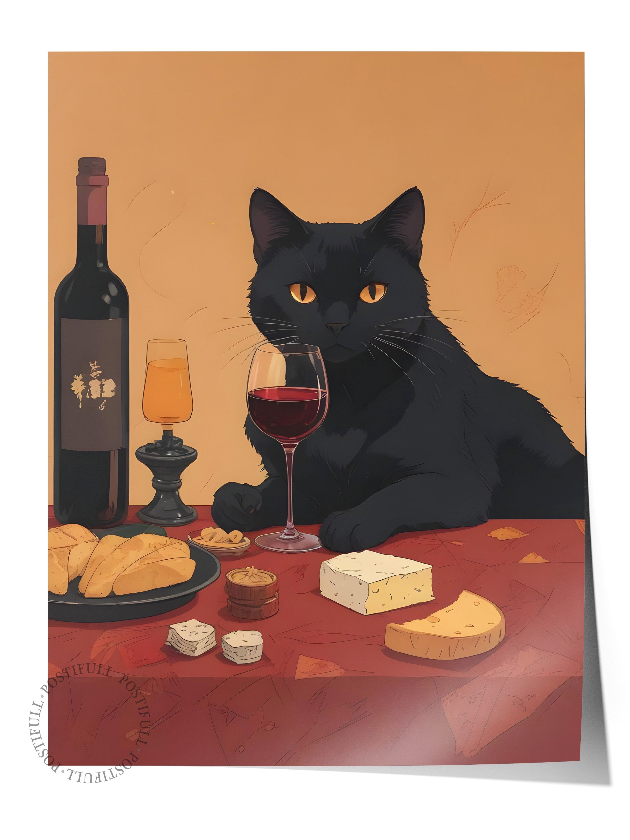 Çerçevesiz Poster, Wine & Cat, Comfort Serisi Mutfak Duvar Posteri, NO:109060