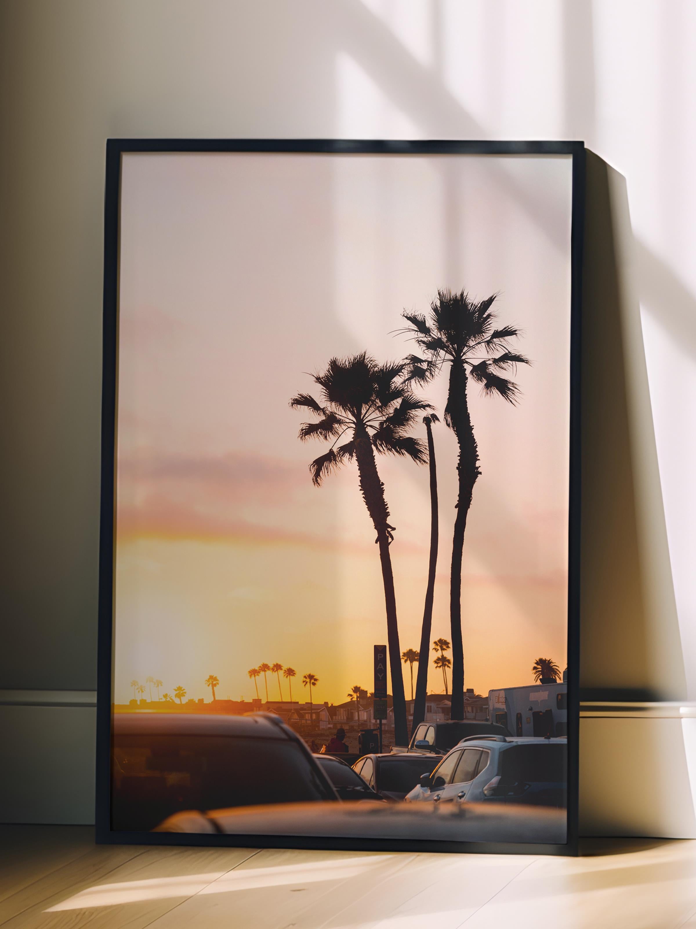 Çerçevesiz Poster, Yaz Temalı Tablo NO:1, Gün Batımında Palmiye Fotoğrafı, Sarı Poster, Dikey