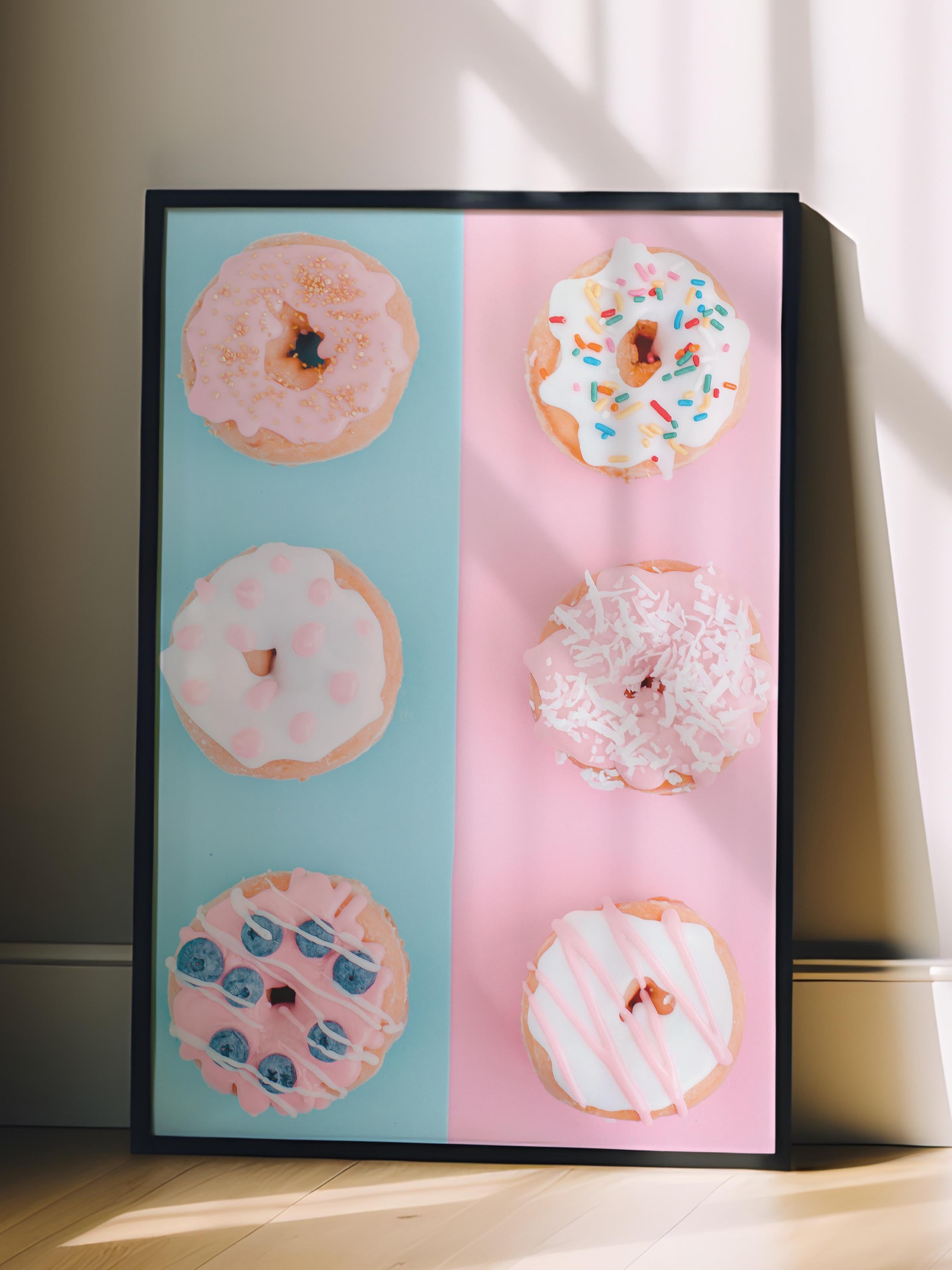 Çerçevesiz Poster, Yaz Temalı Tablo NO:100, Renkli Donutlar Fotoğrafı, Pembe Poster, Dikey