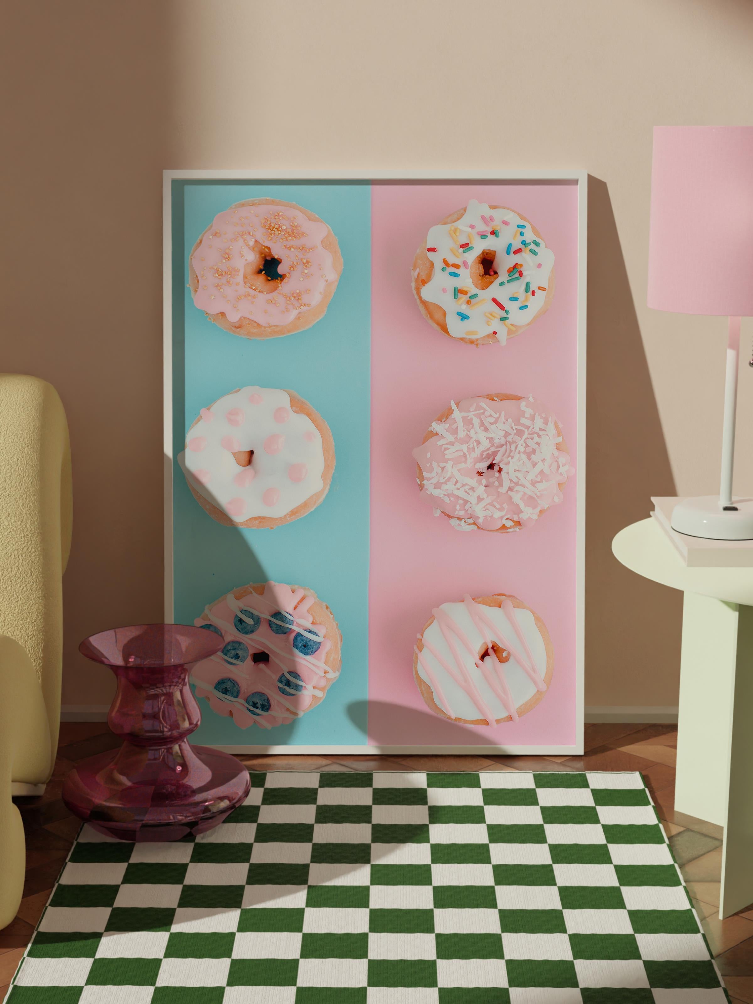 Çerçevesiz Poster, Yaz Temalı Tablo NO:100, Renkli Donutlar Fotoğrafı, Pembe Poster, Dikey