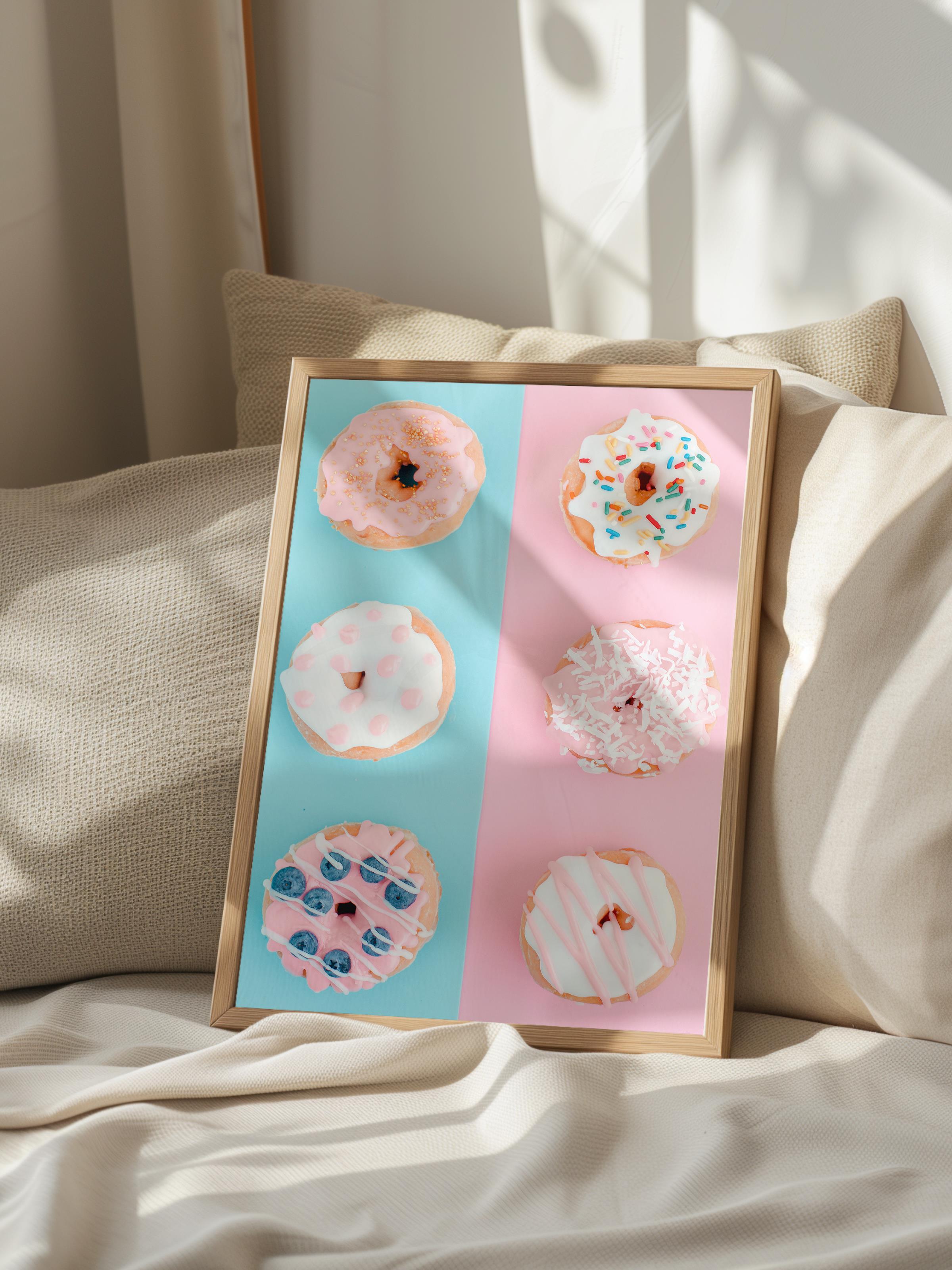 Çerçevesiz Poster, Yaz Temalı Tablo NO:100, Renkli Donutlar Fotoğrafı, Pembe Poster, Dikey