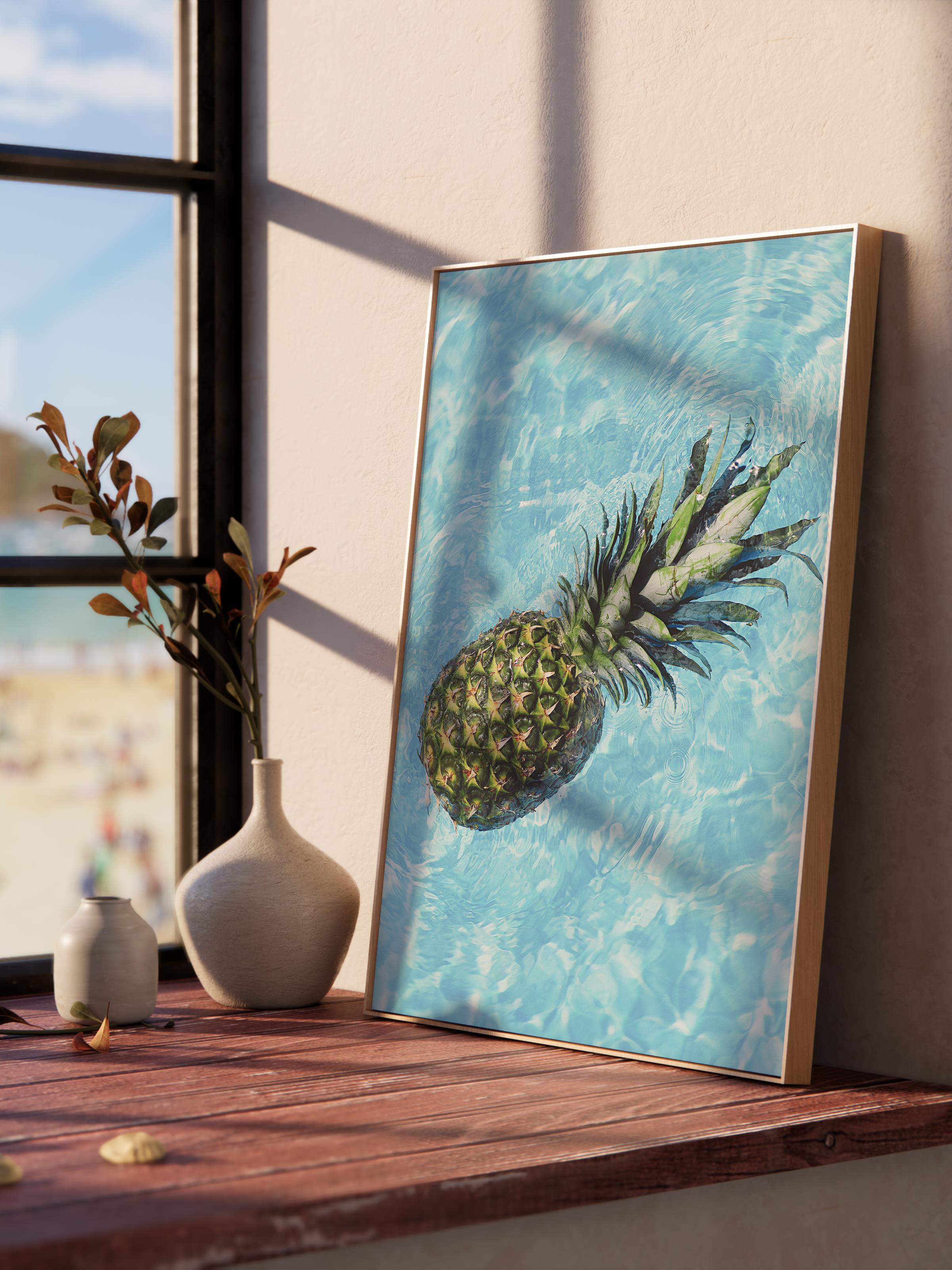 Çerçevesiz Poster, Yaz Temalı Tablo NO:118, Suda Ananas Fotoğrafı, Mavi Poster, Dikey