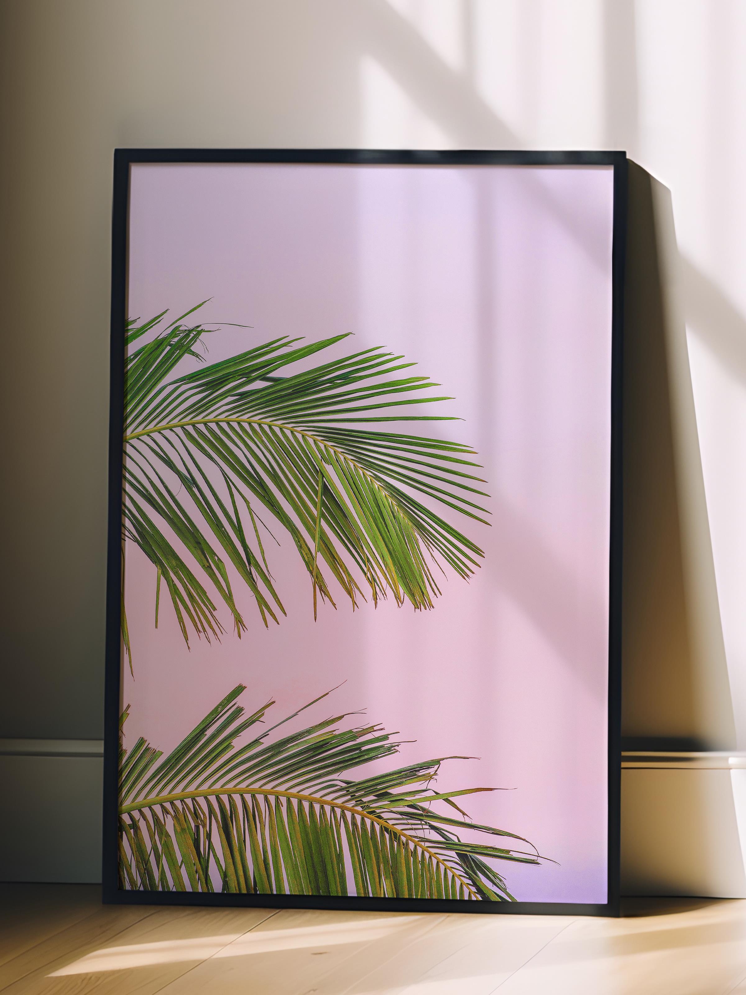 Çerçevesiz Poster, Yaz Temalı Tablo NO:12, Pembe Gökyüzü ve Yaprak Fotoğrafı, Pembe Poster, Dikey
