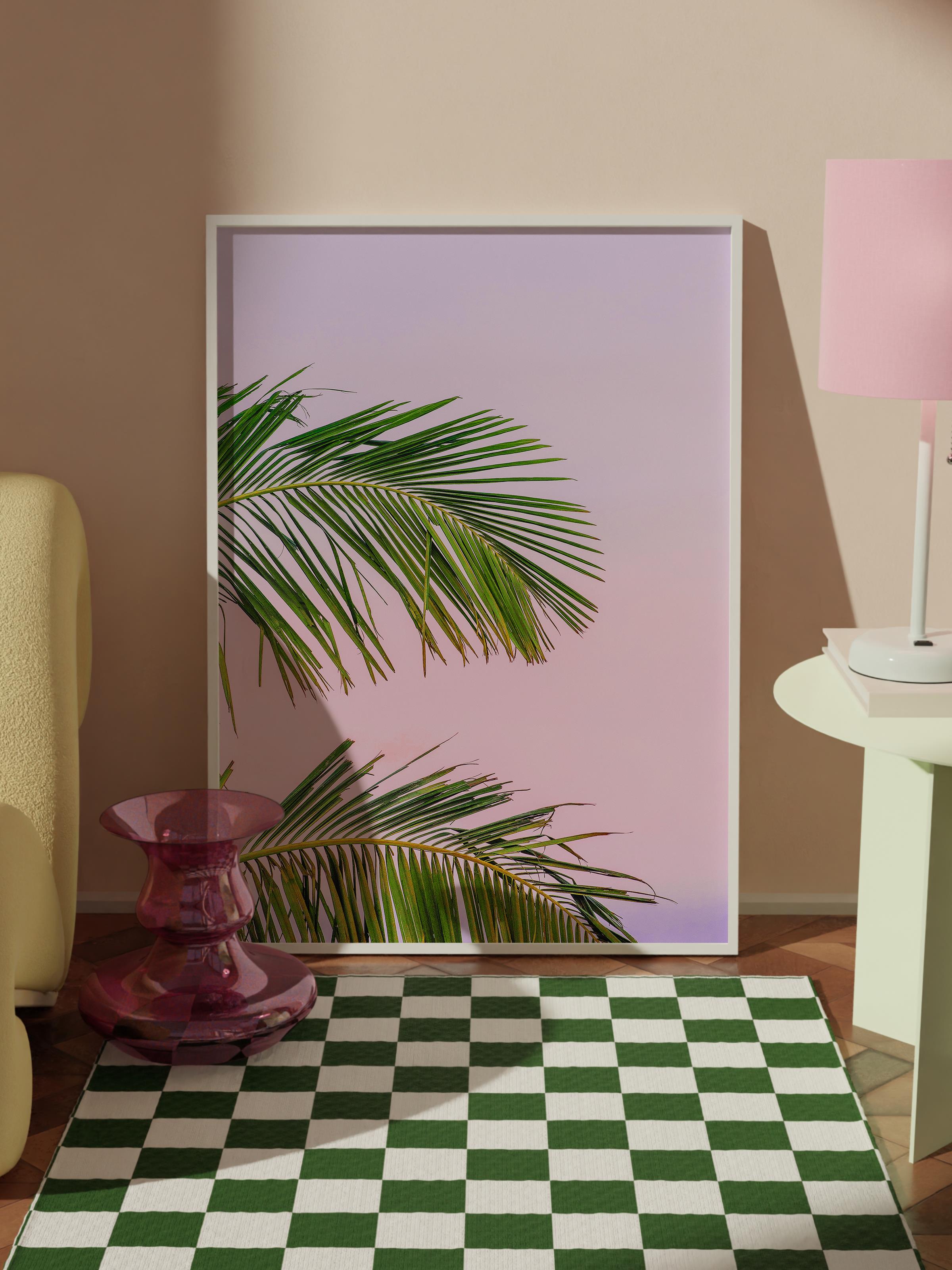 Çerçevesiz Poster, Yaz Temalı Tablo NO:12, Pembe Gökyüzü ve Yaprak Fotoğrafı, Pembe Poster, Dikey