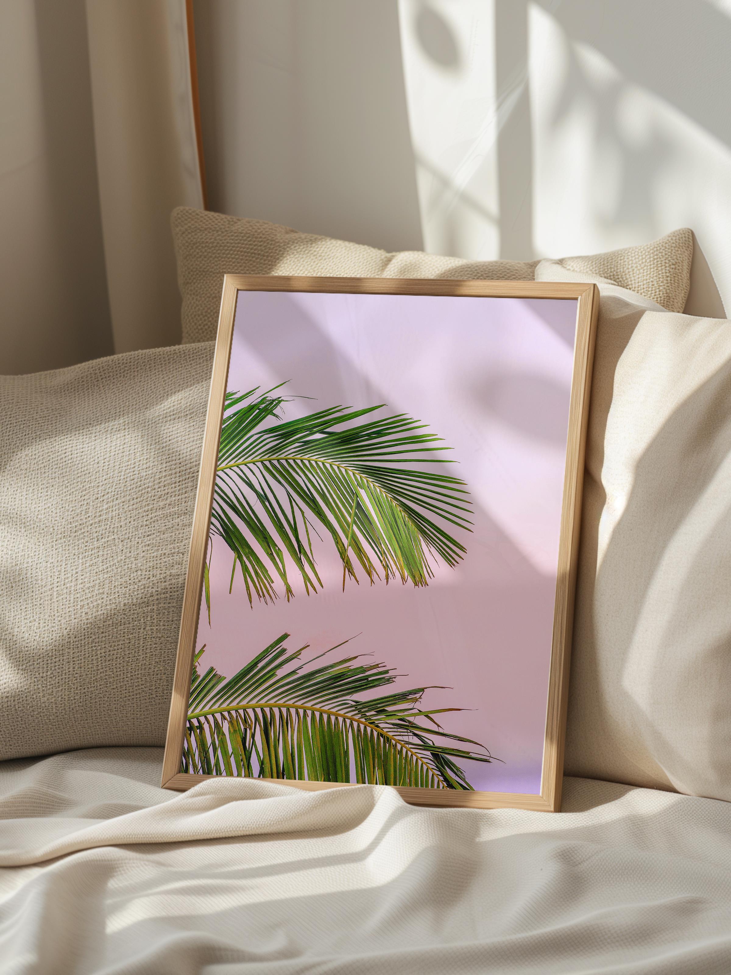 Çerçevesiz Poster, Yaz Temalı Tablo NO:12, Pembe Gökyüzü ve Yaprak Fotoğrafı, Pembe Poster, Dikey