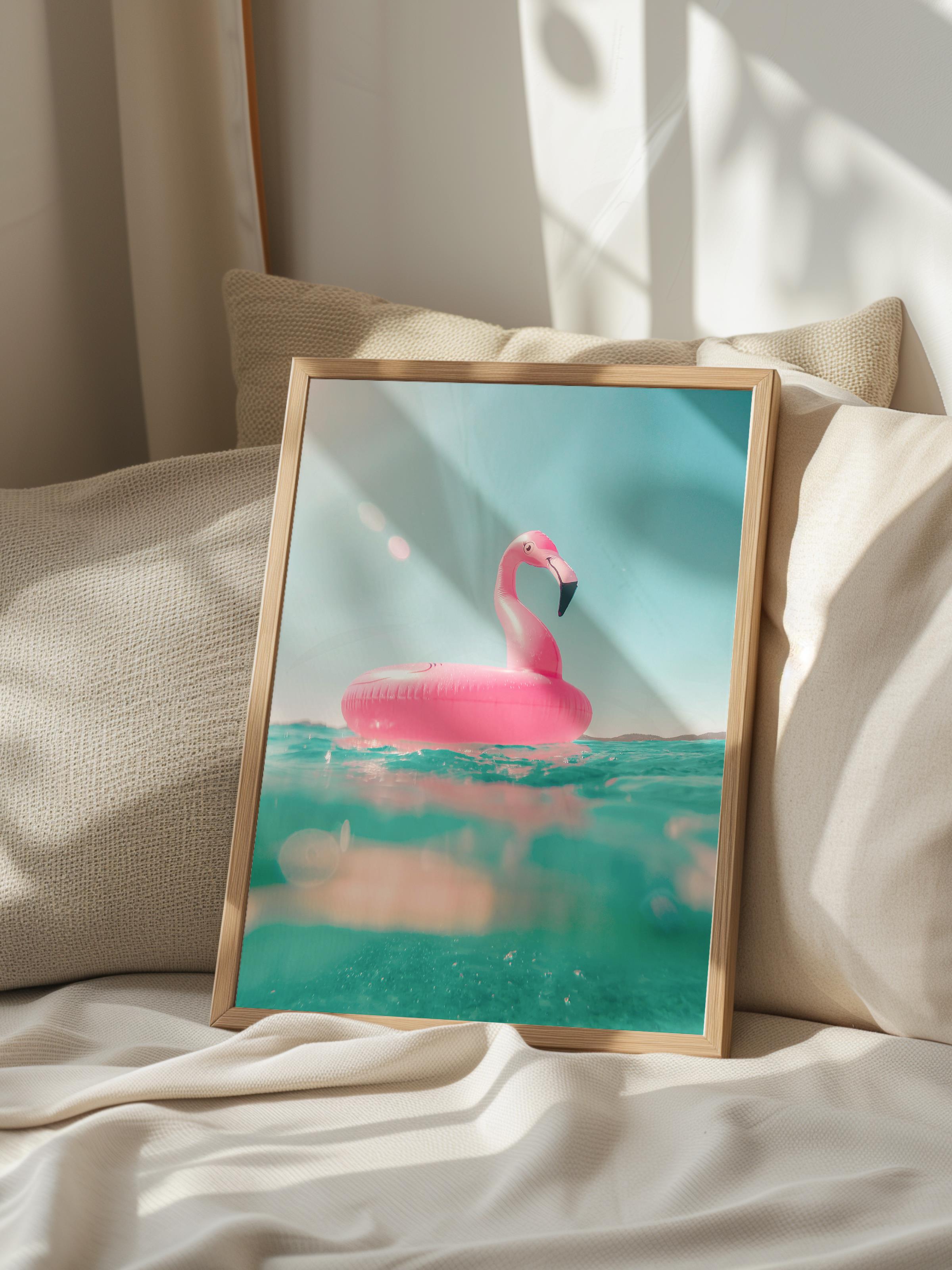 Çerçevesiz Poster, Yaz Temalı Tablo NO:120, Şişme Flamingo Fotoğrafı, Pembe Poster, Dikey