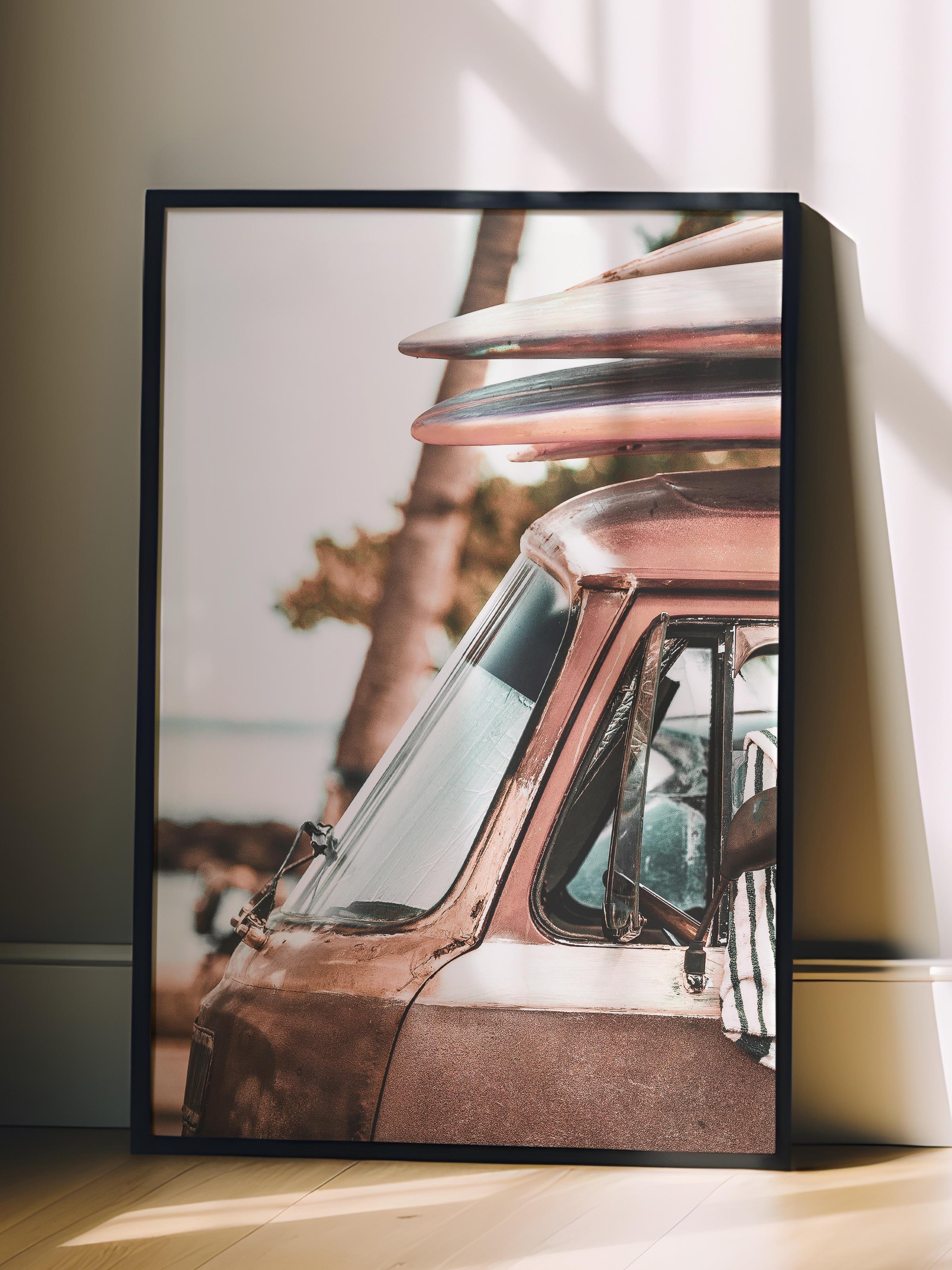 Çerçevesiz Poster, Yaz Temalı Tablo NO:125, Vintage Araba Fotoğrafı, Kahverengi Poster, Dikey
