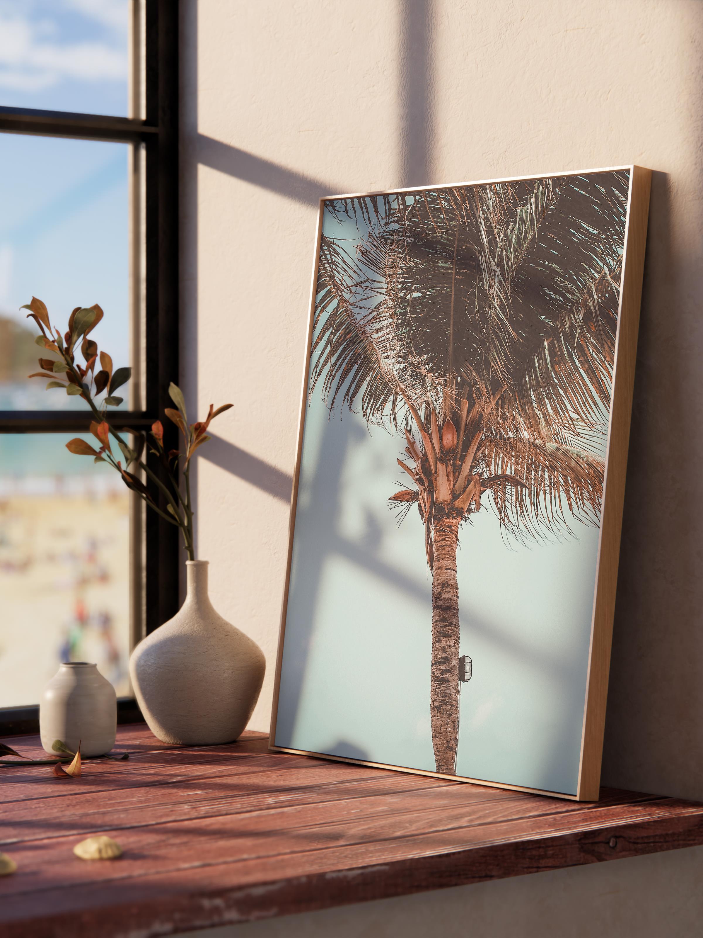 Çerçevesiz Poster, Yaz Temalı Tablo NO:157, Tek Palmiye Fotoğrafı, Mavi Poster, Dikey