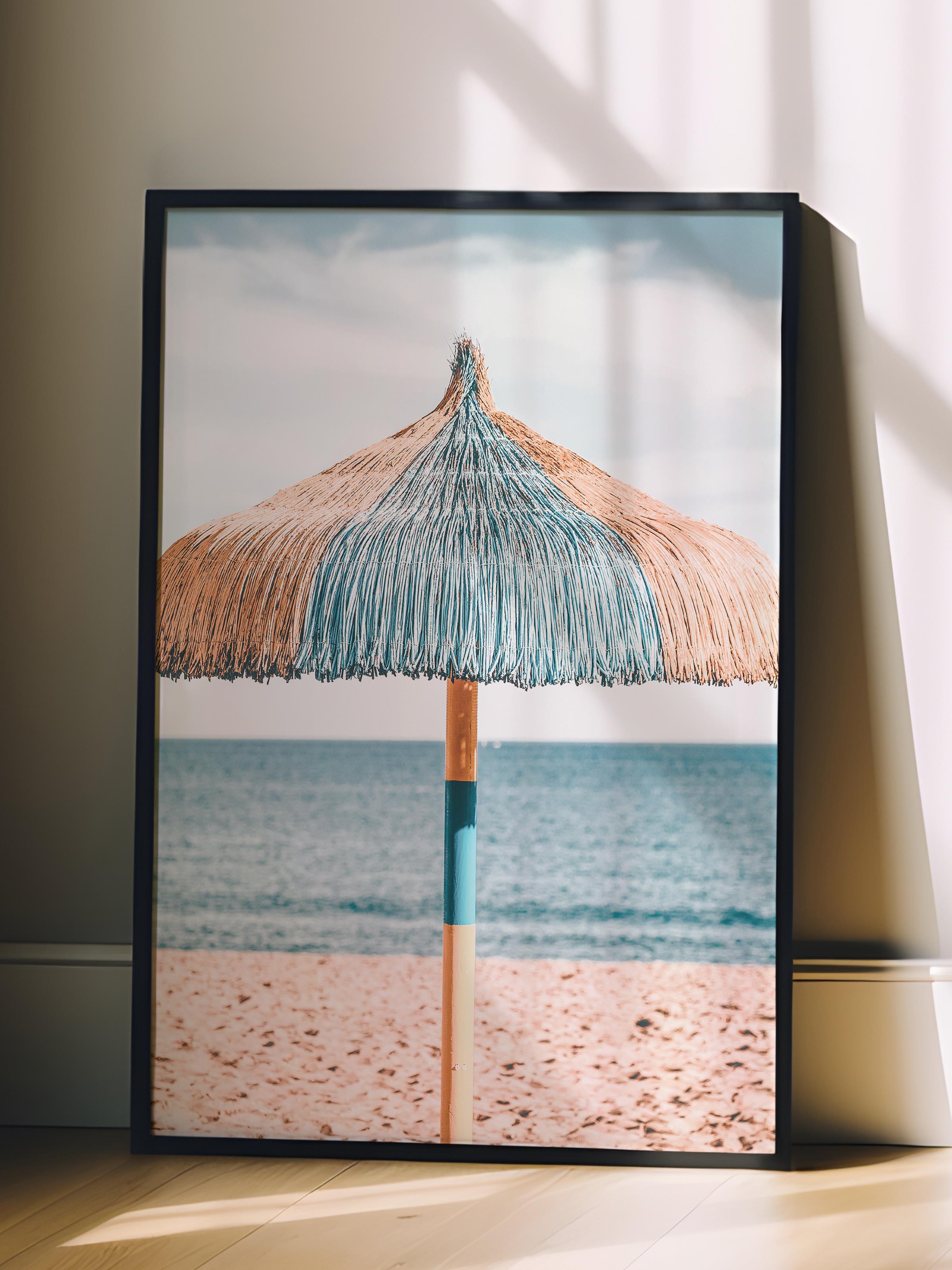 Çerçevesiz Poster, Yaz Temalı Tablo NO:180, Şemsiye Altında Sahil Fotoğrafı, Mavi Poster, Dikey