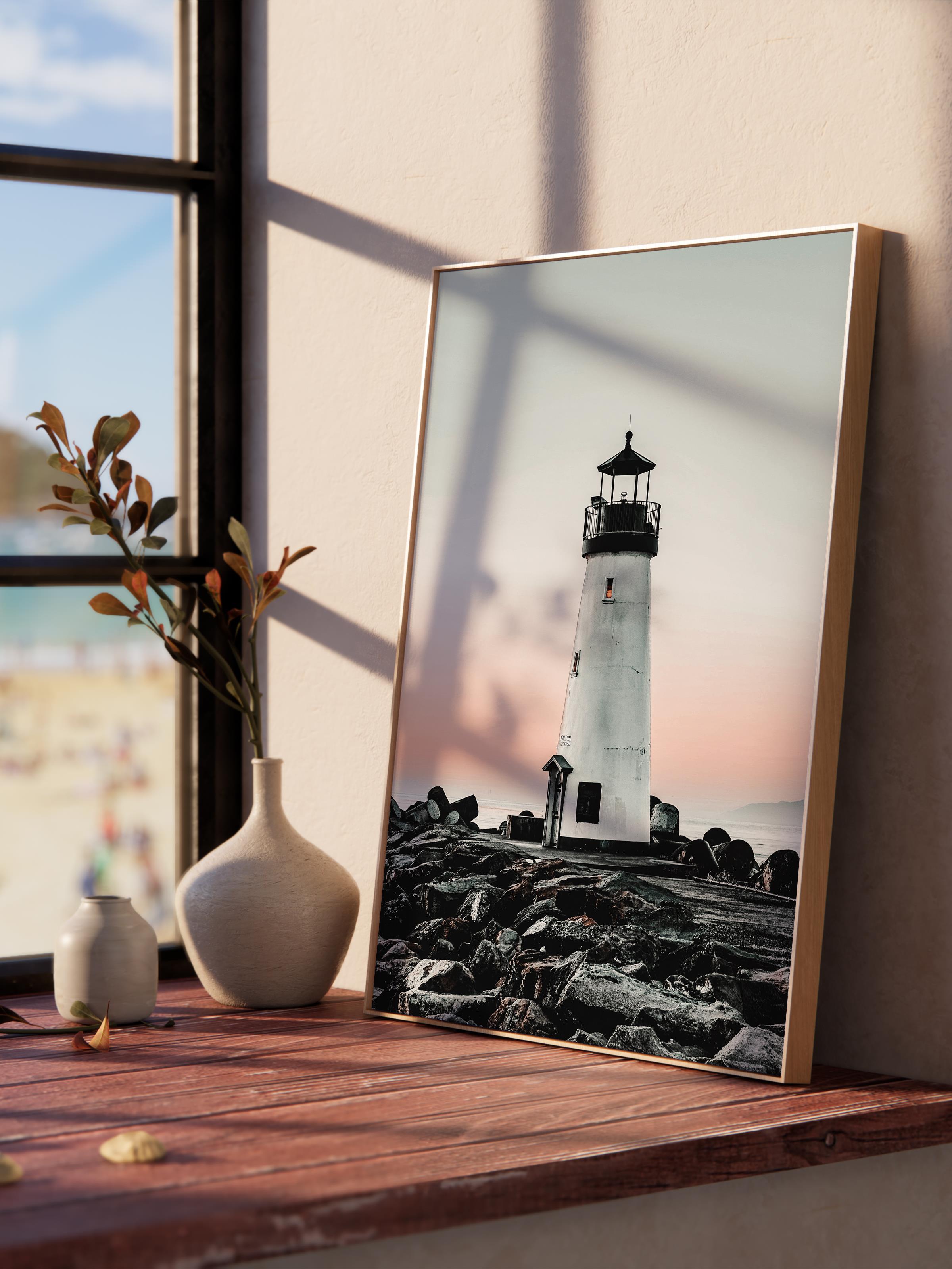 Çerçevesiz Poster, Yaz Temalı Tablo NO:186, Deniz Feneri Fotoğrafı, Beyaz Poster, Dikey