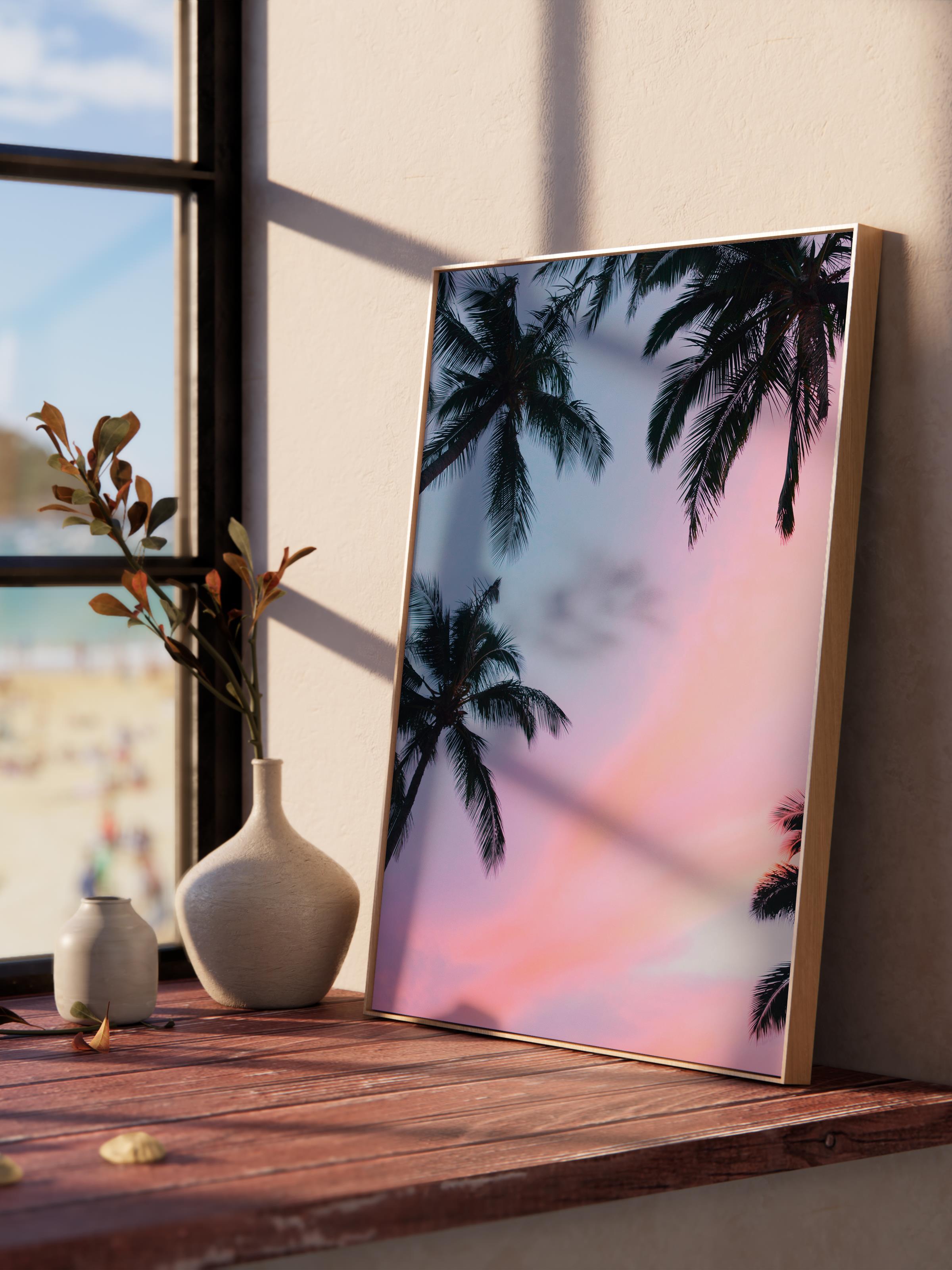 Çerçevesiz Poster, Yaz Temalı Tablo NO:2, Pembe Gökyüzü ve Palmiye Fotoğrafı, Pembe Poster, Dikey