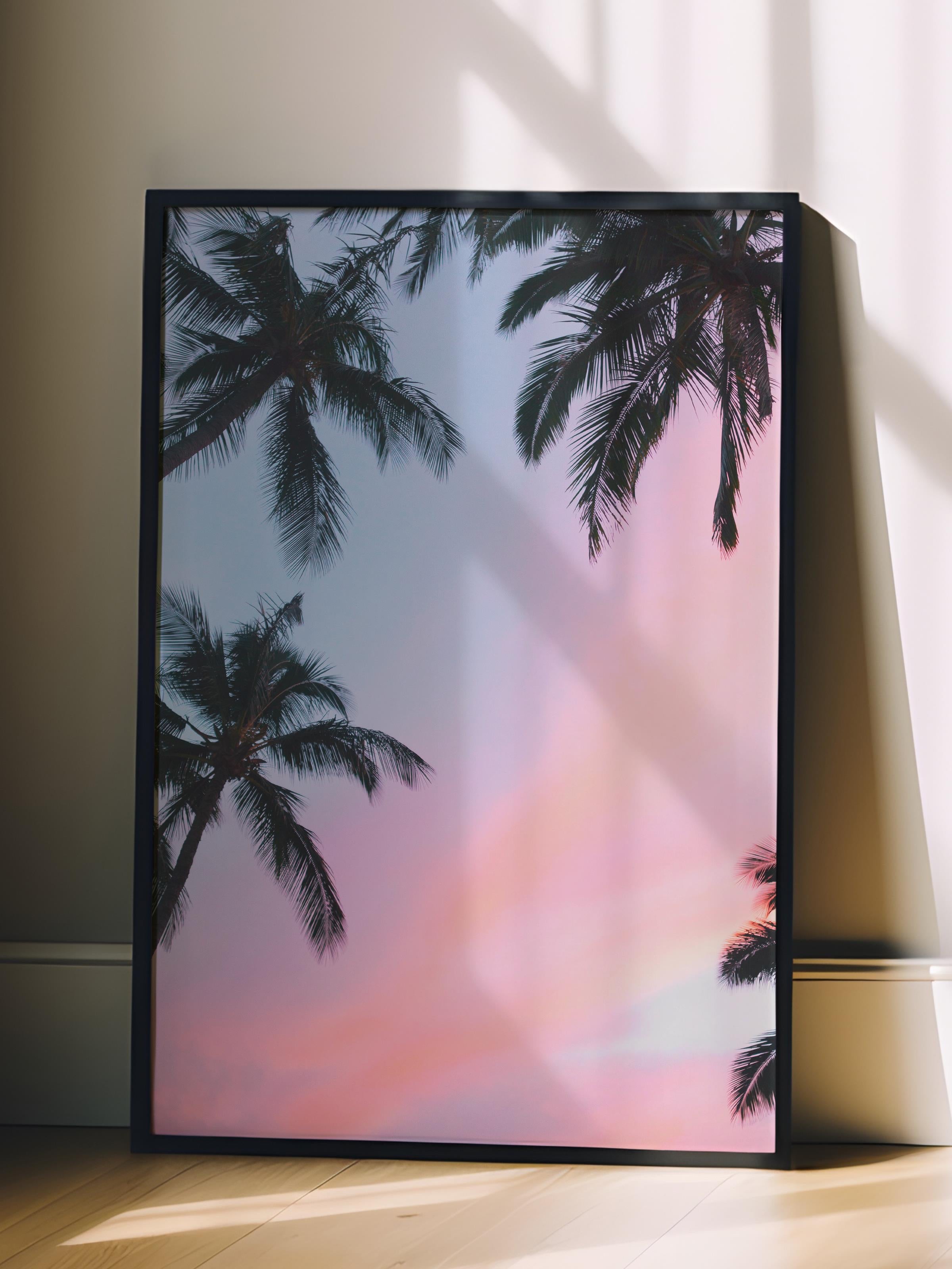 Çerçevesiz Poster, Yaz Temalı Tablo NO:2, Pembe Gökyüzü ve Palmiye Fotoğrafı, Pembe Poster, Dikey