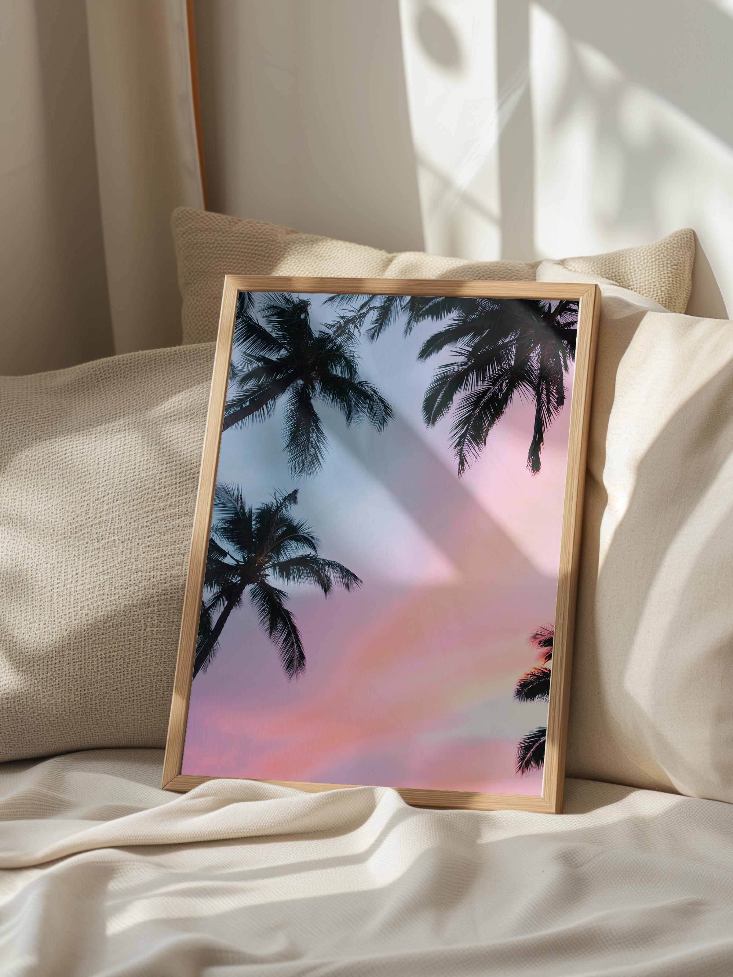 Çerçevesiz Poster, Yaz Temalı Tablo NO:2, Pembe Gökyüzü ve Palmiye Fotoğrafı, Pembe Poster, Dikey