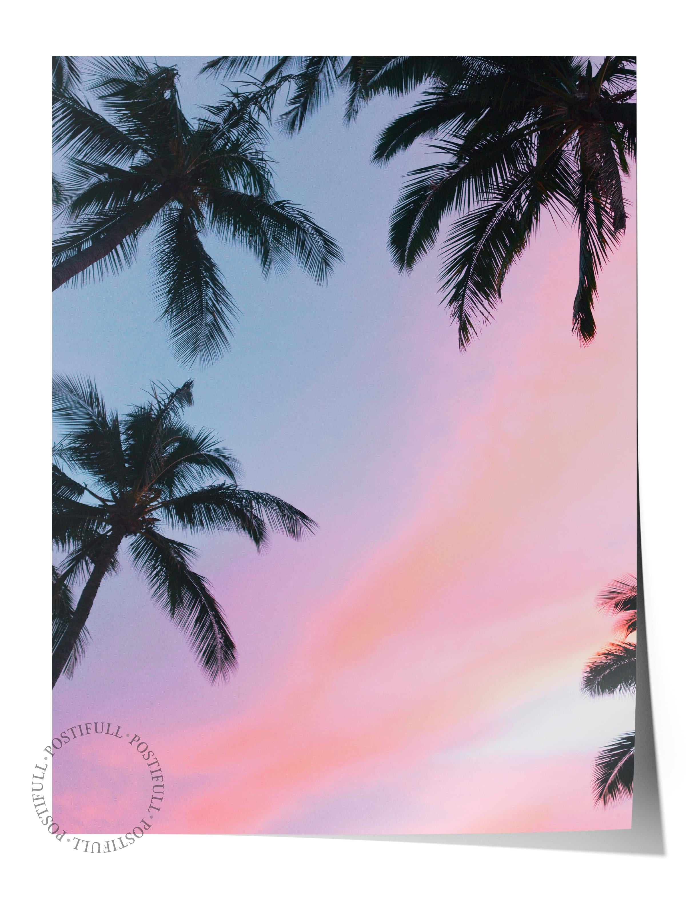 Çerçevesiz Poster, Yaz Temalı Tablo NO:2, Pembe Gökyüzü ve Palmiye Fotoğrafı, Pembe Poster, Dikey
