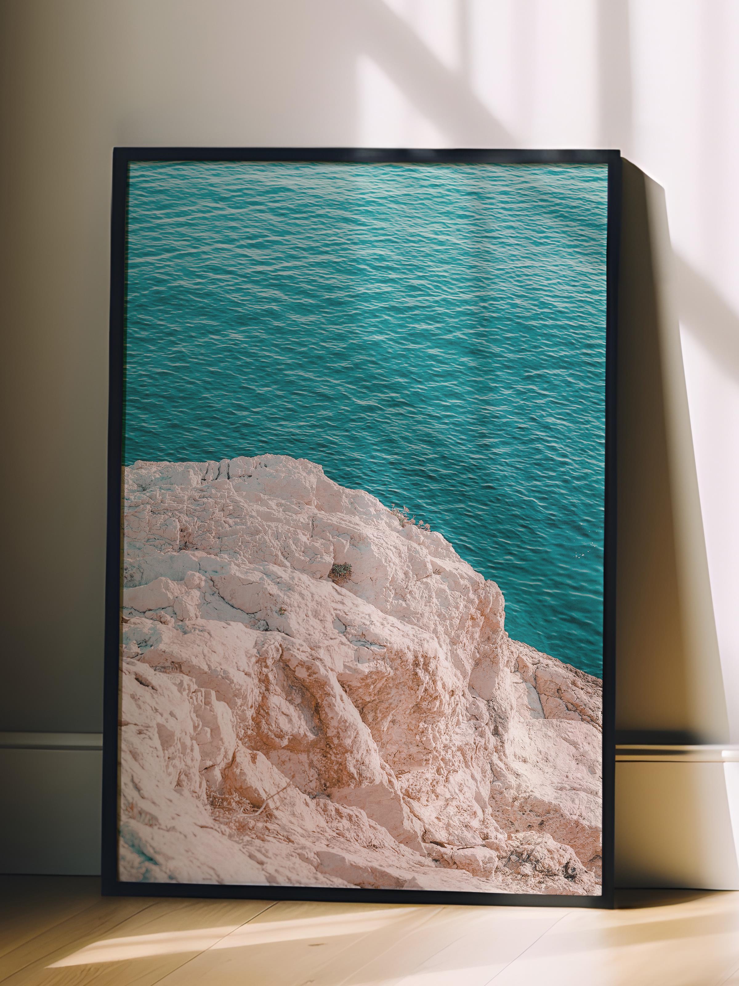 Çerçevesiz Poster, Yaz Temalı Tablo NO:200, Kayalık ve Deniz Fotoğrafı, Yeşil Poster, Dikey