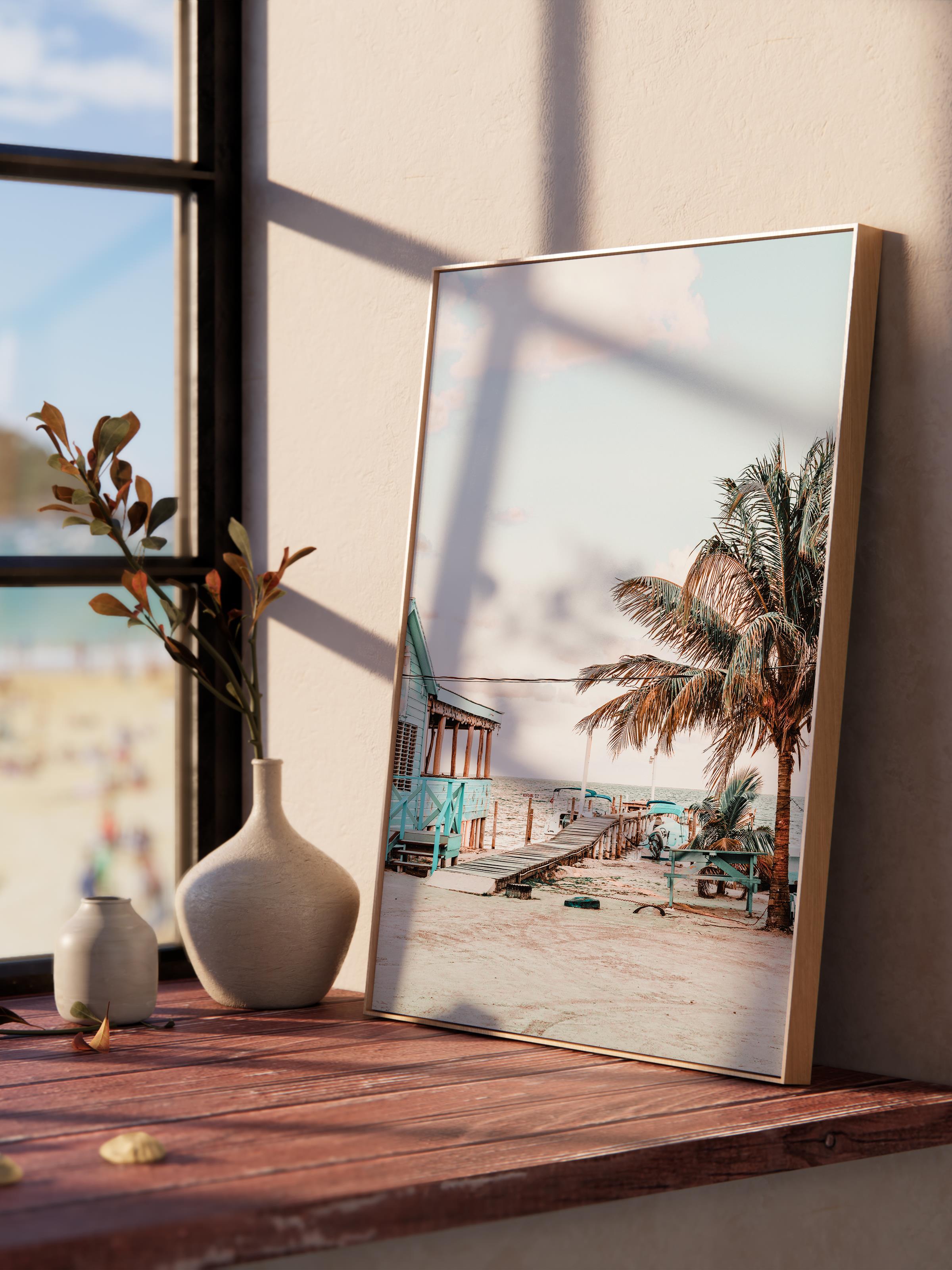 Çerçevesiz Poster, Yaz Temalı Tablo NO:202, Palmiye ve Sahil Fotoğrafı, Bej Poster, Dikey
