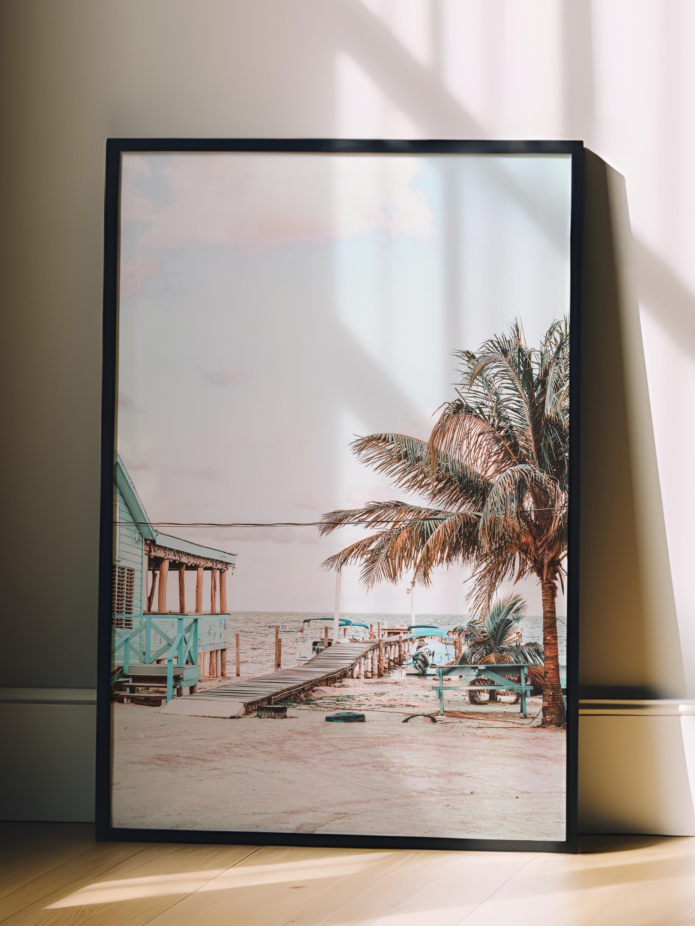 Çerçevesiz Poster, Yaz Temalı Tablo NO:202, Palmiye ve Sahil Fotoğrafı, Bej Poster, Dikey
