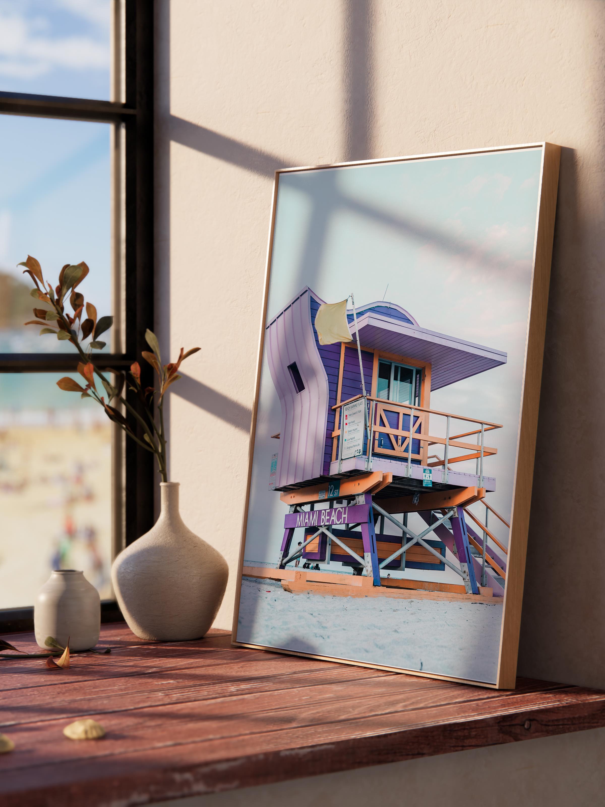 Çerçevesiz Poster, Yaz Temalı Tablo NO:216, Renkli Sahil Evi Fotoğrafı, Mor Poster, Dikey