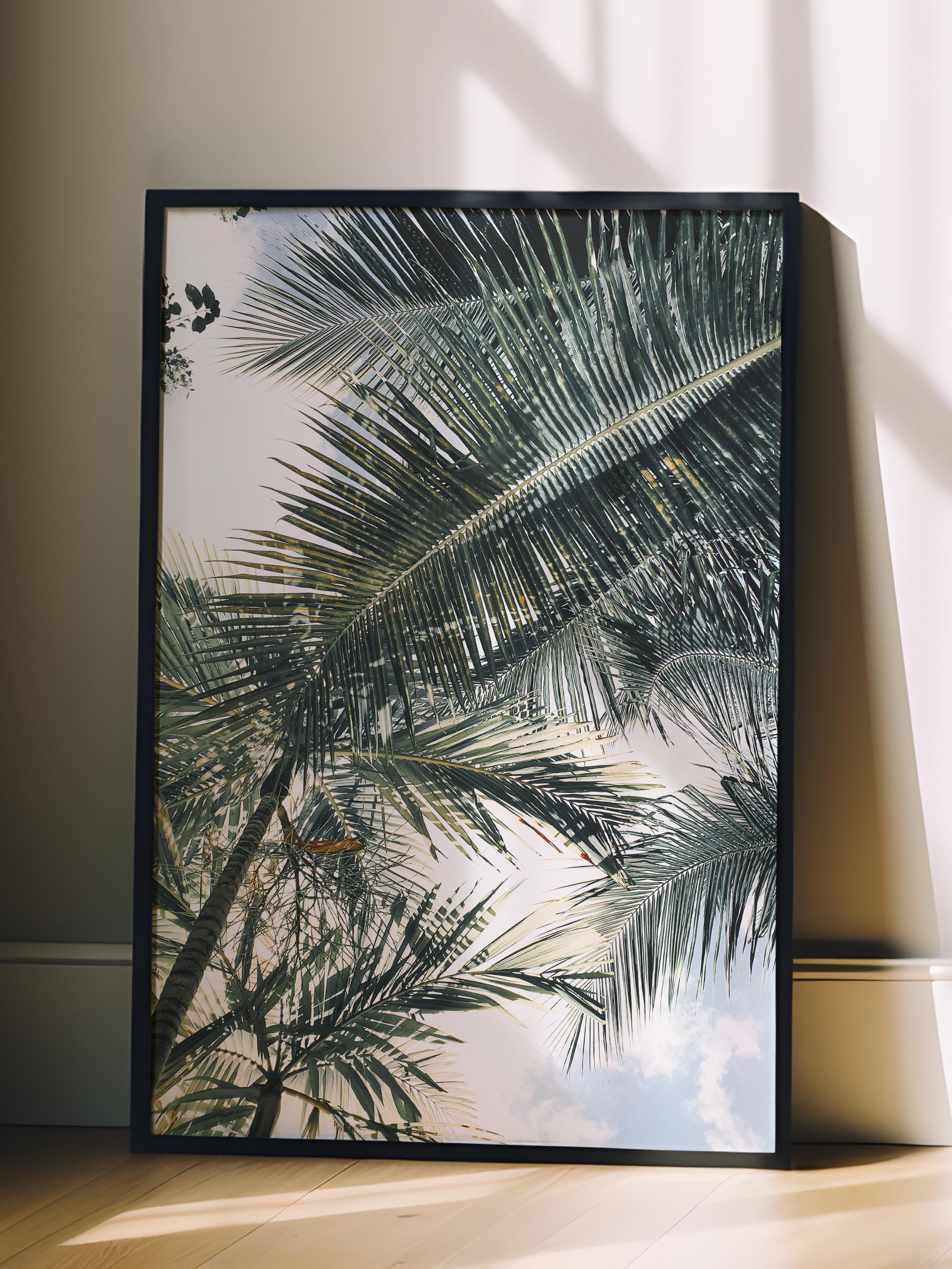 Çerçevesiz Poster, Yaz Temalı Tablo NO:220, Palmiye ve Mavi Gökyüzü Fotoğrafı, Mavi Poster, Dikey