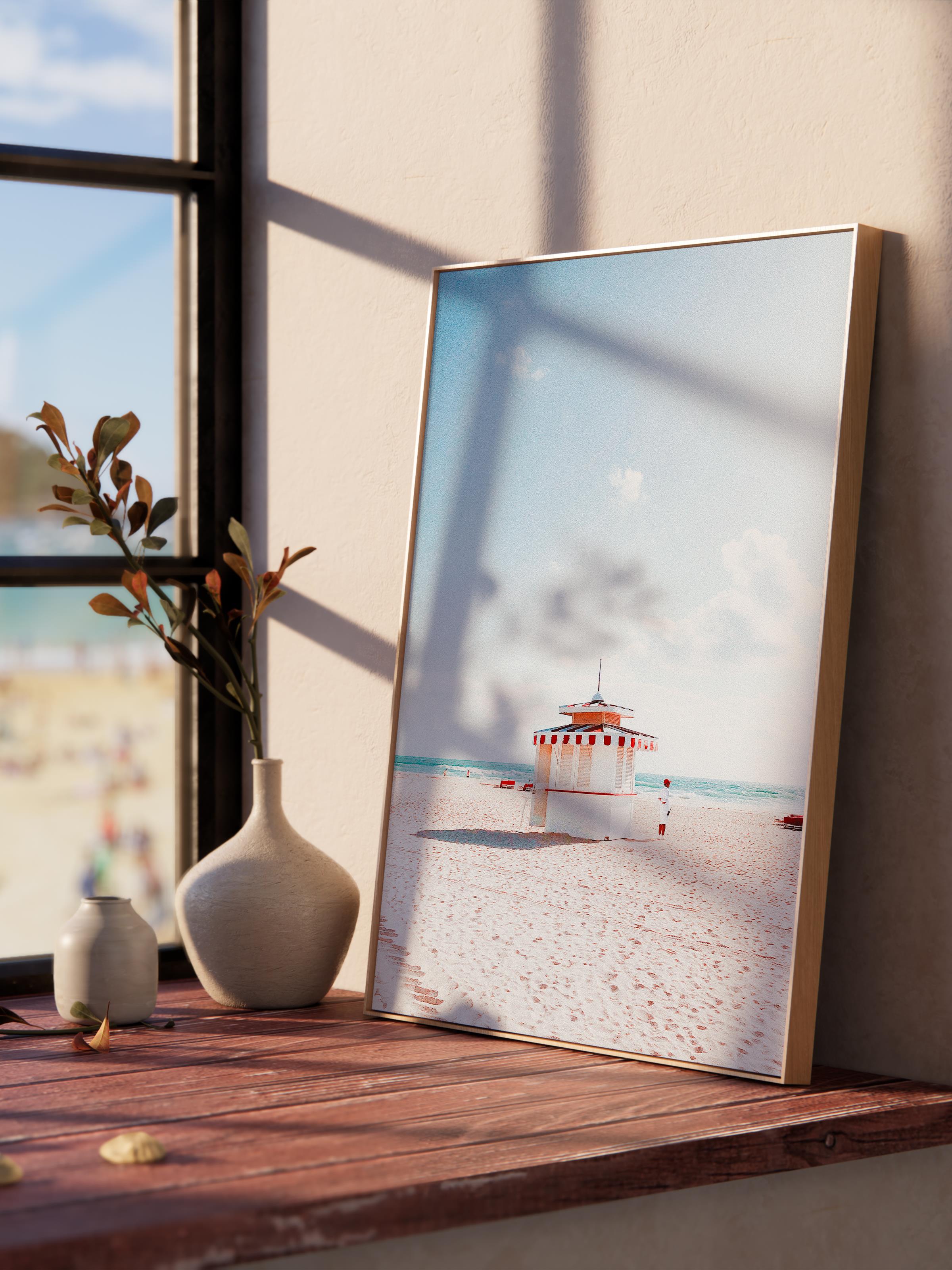 Çerçevesiz Poster, Yaz Temalı Tablo NO:224, Kumsal ve Palmiye Ağacı Fotoğrafı, Beyaz Poster, Dikey